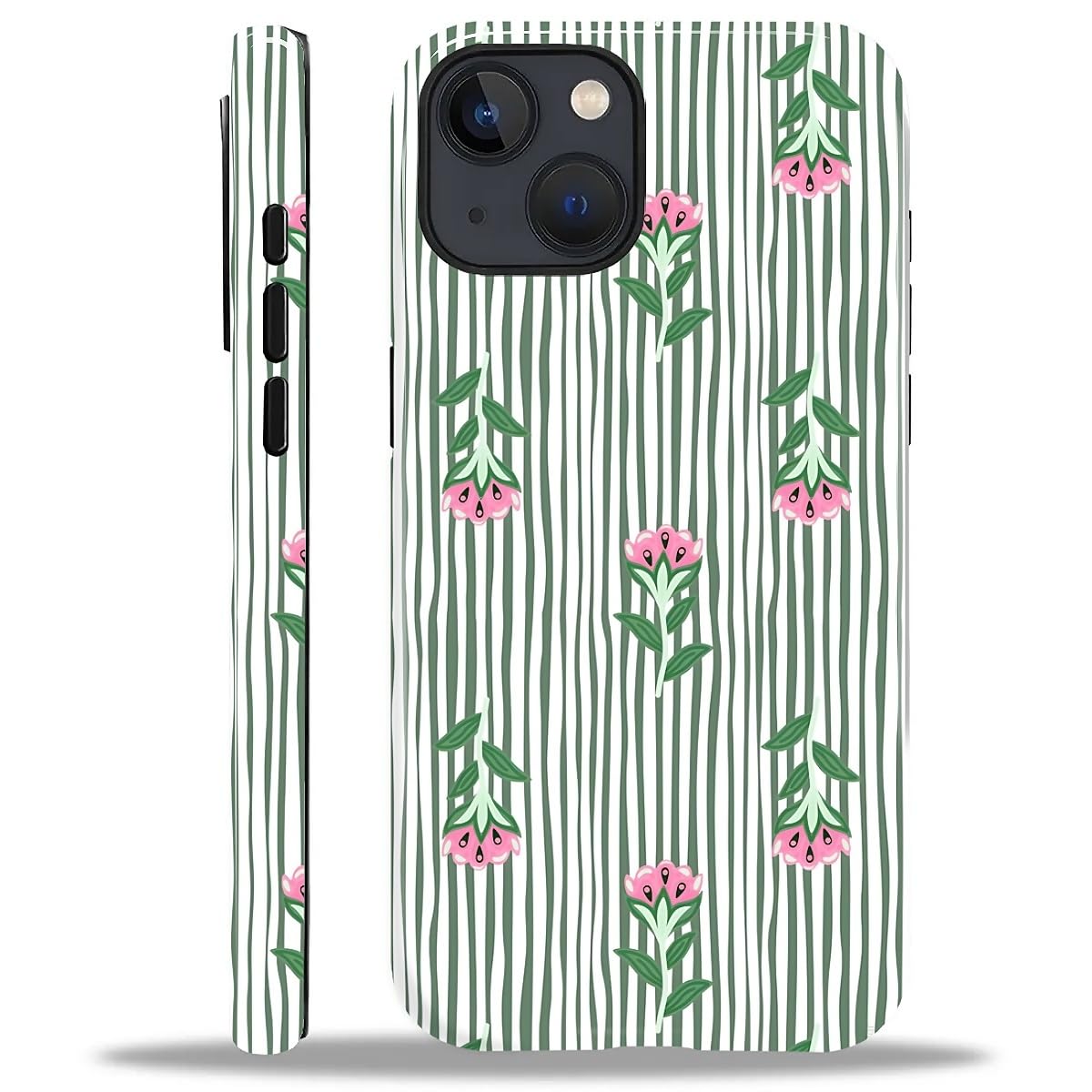 Case Compatible with iPhone 15,Hybrid 2 Layer PC Hard Shell + Silicone Protective Case, Green Stripes and Pink Flowers2 Scratch-Resistant Shockproof