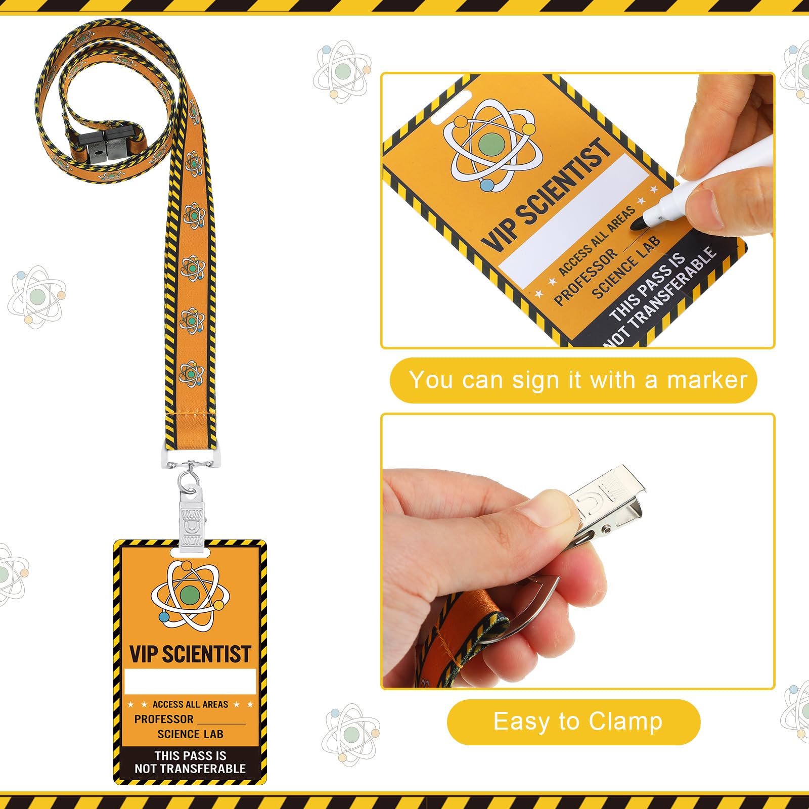 MotiMind Set di 30 biglietti VIP per feste scientifiche con cordini scientifici, in PVC, con cordini, per scienziati scientifici, forniture per feste di compleanno, regalo per lezioni scientifiche