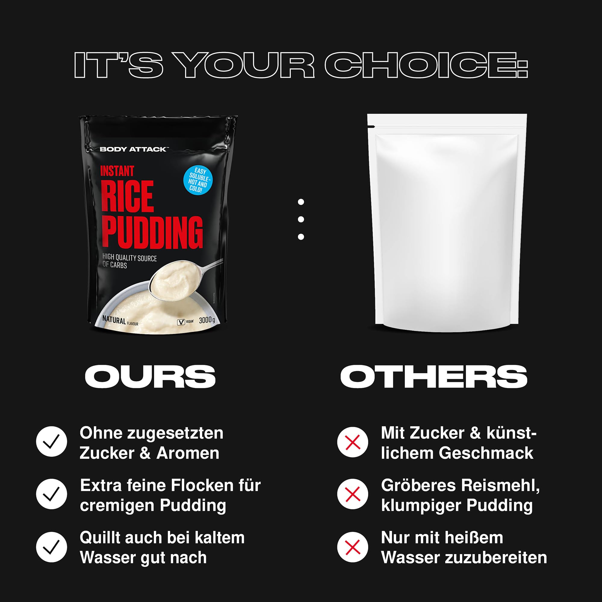 Body Attack Instant Rice Pudding Neutral, 3 kg - Veganer Reispudding für Frühstück & Pre-Workout Snack - Hochwertige Energiequelle dank komplexer Kohlenhydrate - leicht verdaulich