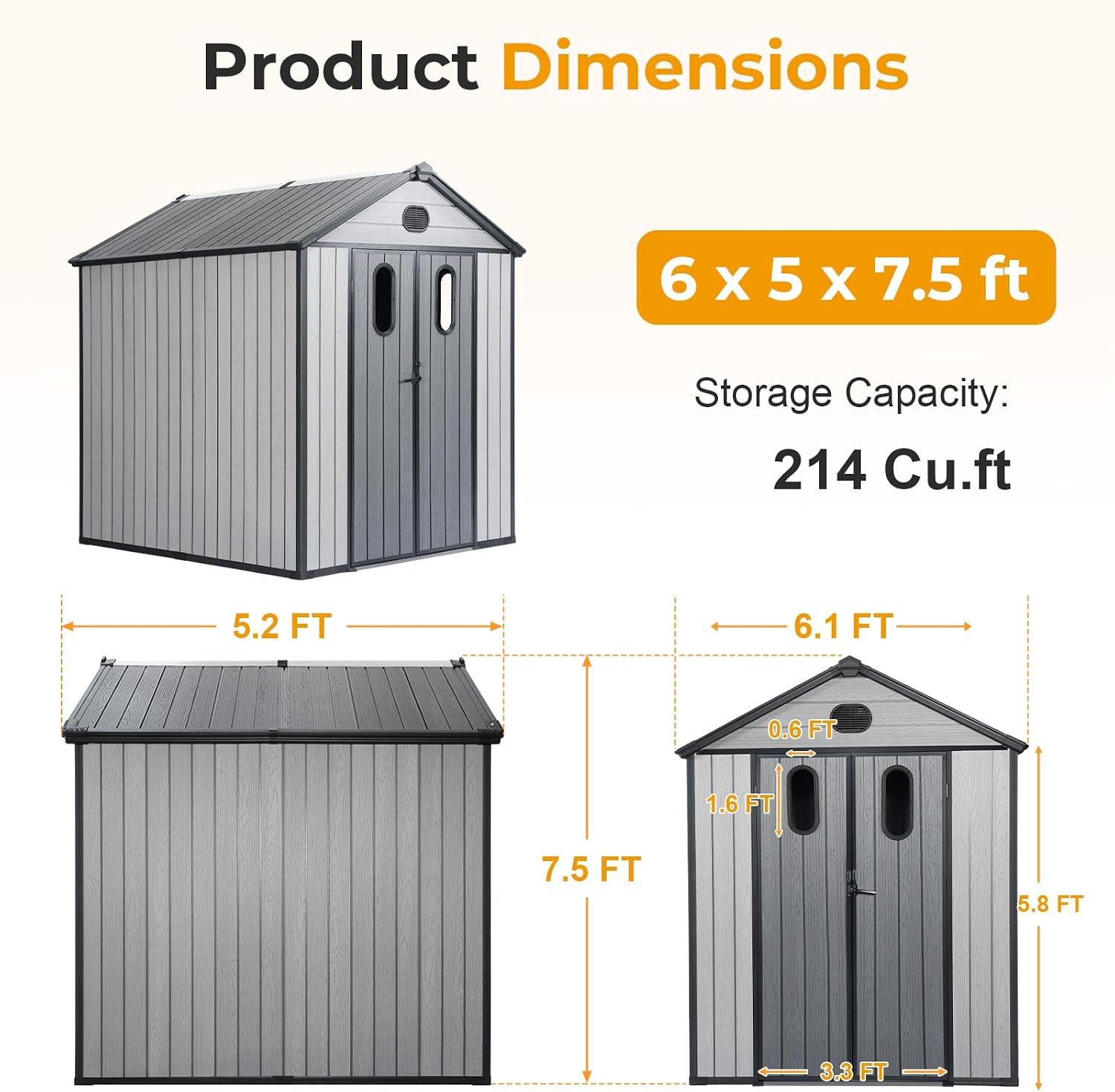 COWVIE 6.1 x 5.2 FT Outdoor Resin Storage Shed, Heavy-Duty Plastic Shed with Reinforced Floor, Windows & Mesh Vents, Lockable Door, Garden Shed for Backyard, Patio Storage