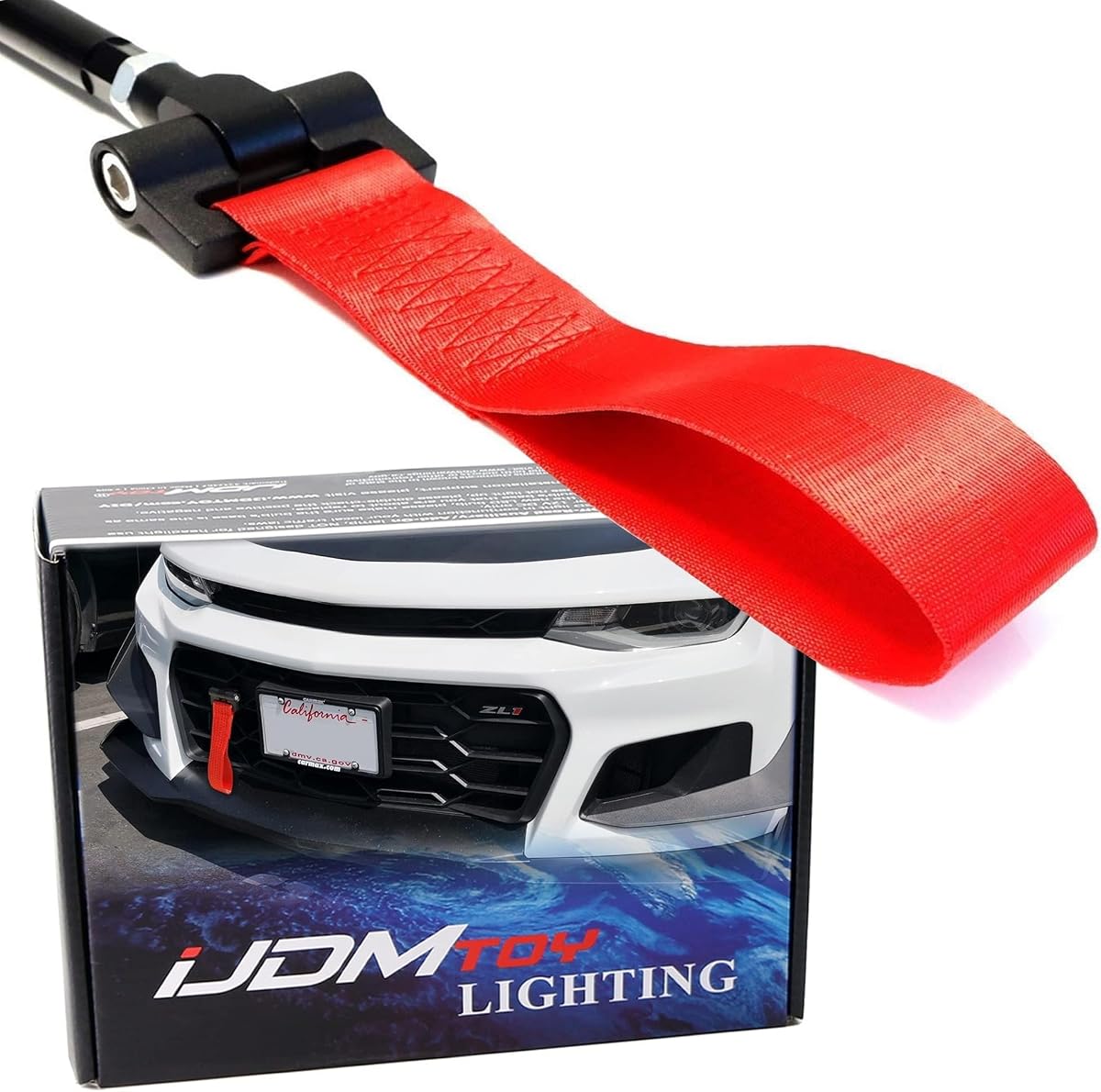 iJDMTOY Track Racing Style Red Towing Strap Compatible with 2016-up Chevy Camaro, Tow Hole Adapter Tow Rod w/Nylon Strap
