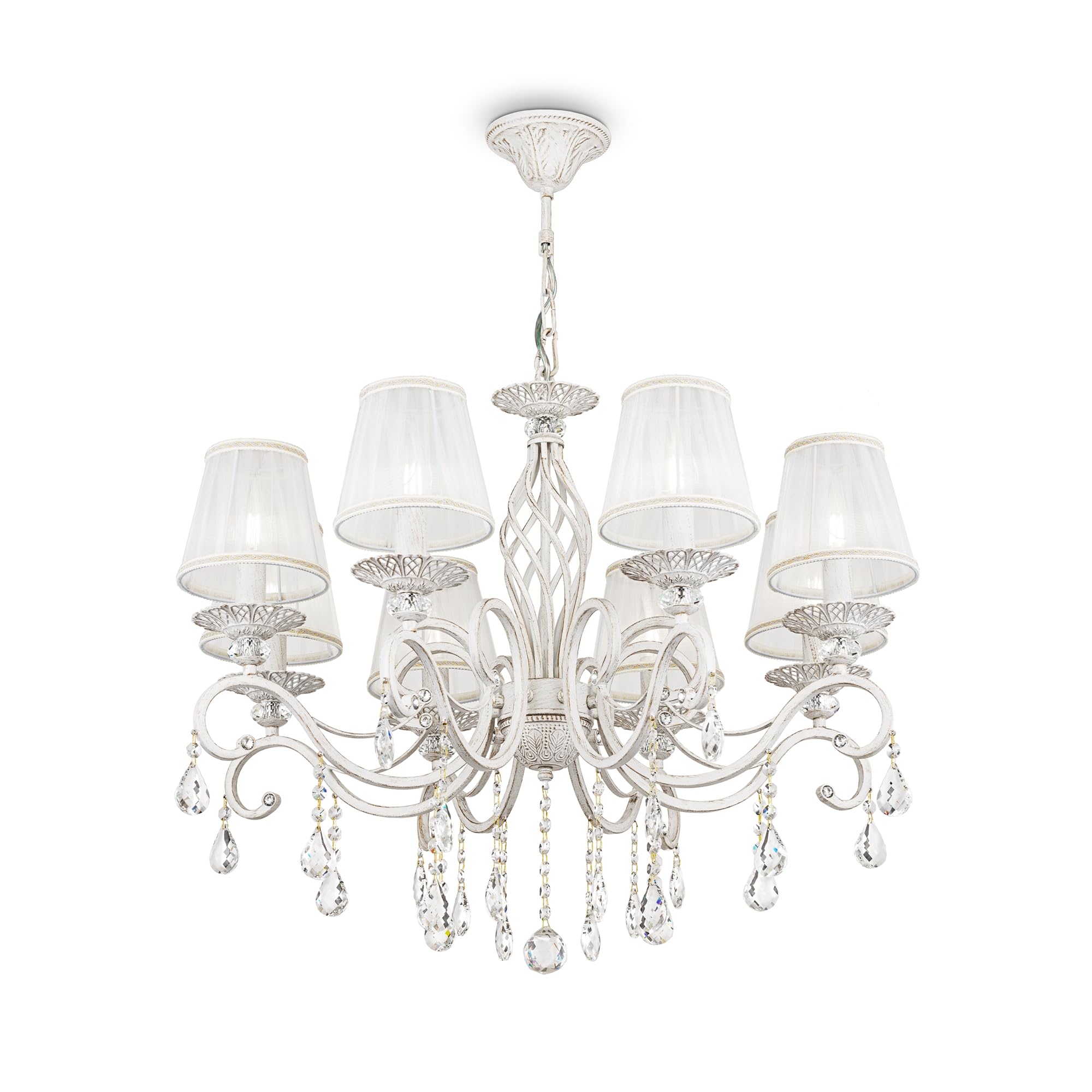 MAYTONI DECORATIVE LIGHTINGChic Romantic Chandelier Transparent White Fabric Shade Cream Metal Frame with Crystal Drops excl. 8 Bulbs x E14 40W