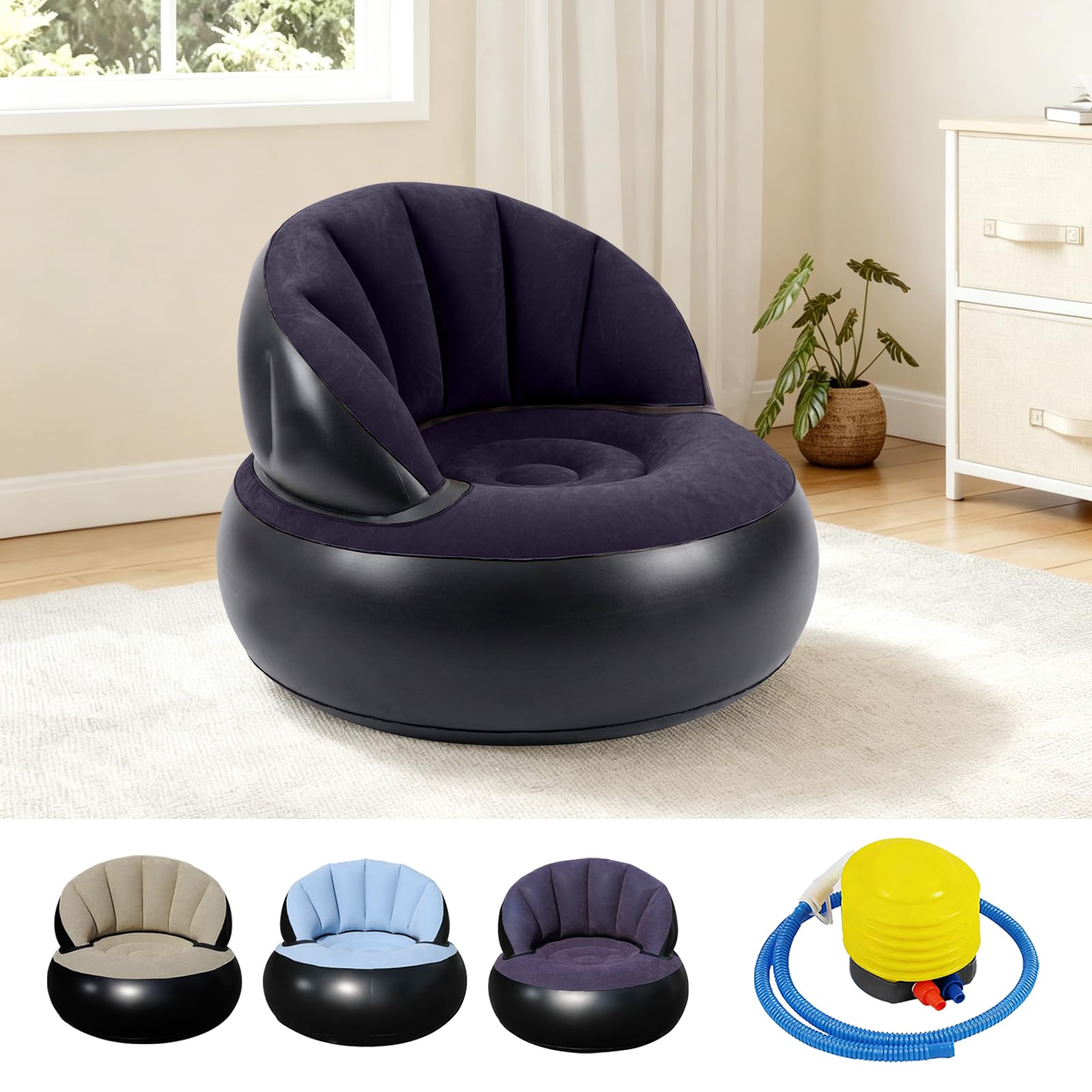 Canapé gonflable avec pompe intégrée et fauteuil pliable bleu