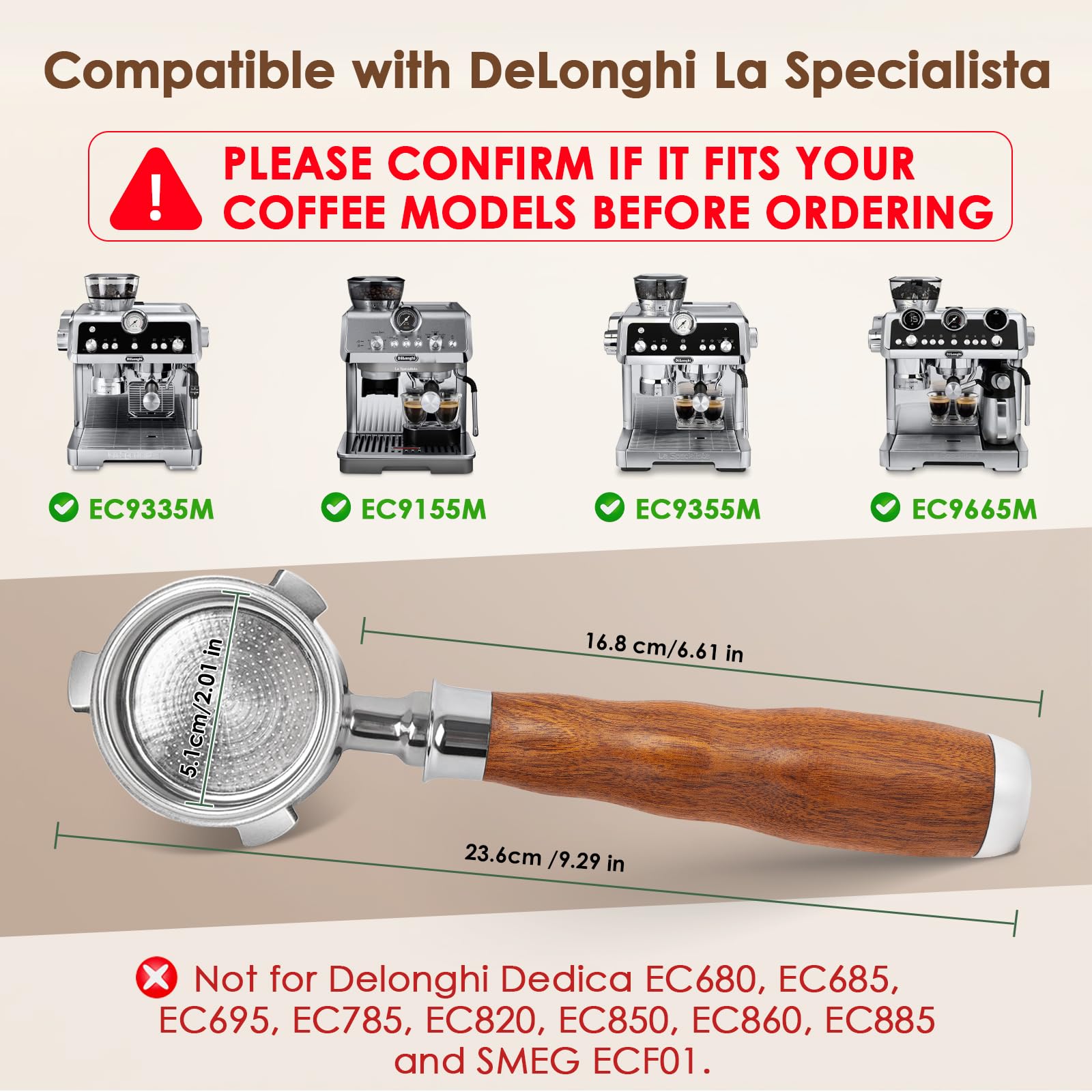 Porte-Filtre Expresso Bottomless 51 Mm 3 Oreilles – Acier Inox + Poignée Noyer Pour DeLonghi La Specialista
