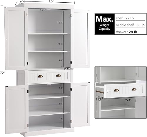 Miniatura 3 de KIGOTY Gabinete de almacenamiento de despensa de cocina con cajón y estantes ajustables para sala de estar, baño o pasillo (blanco, 72 pulgadas de