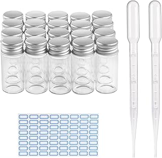 Eowpower 100Pcs 10ml Vials Sample Glass Bottles with Aluminum Screw Caps lids and Plastic Stoppers & Labels, Clear Liquid Sample Vial, Leak-Proof Vial
