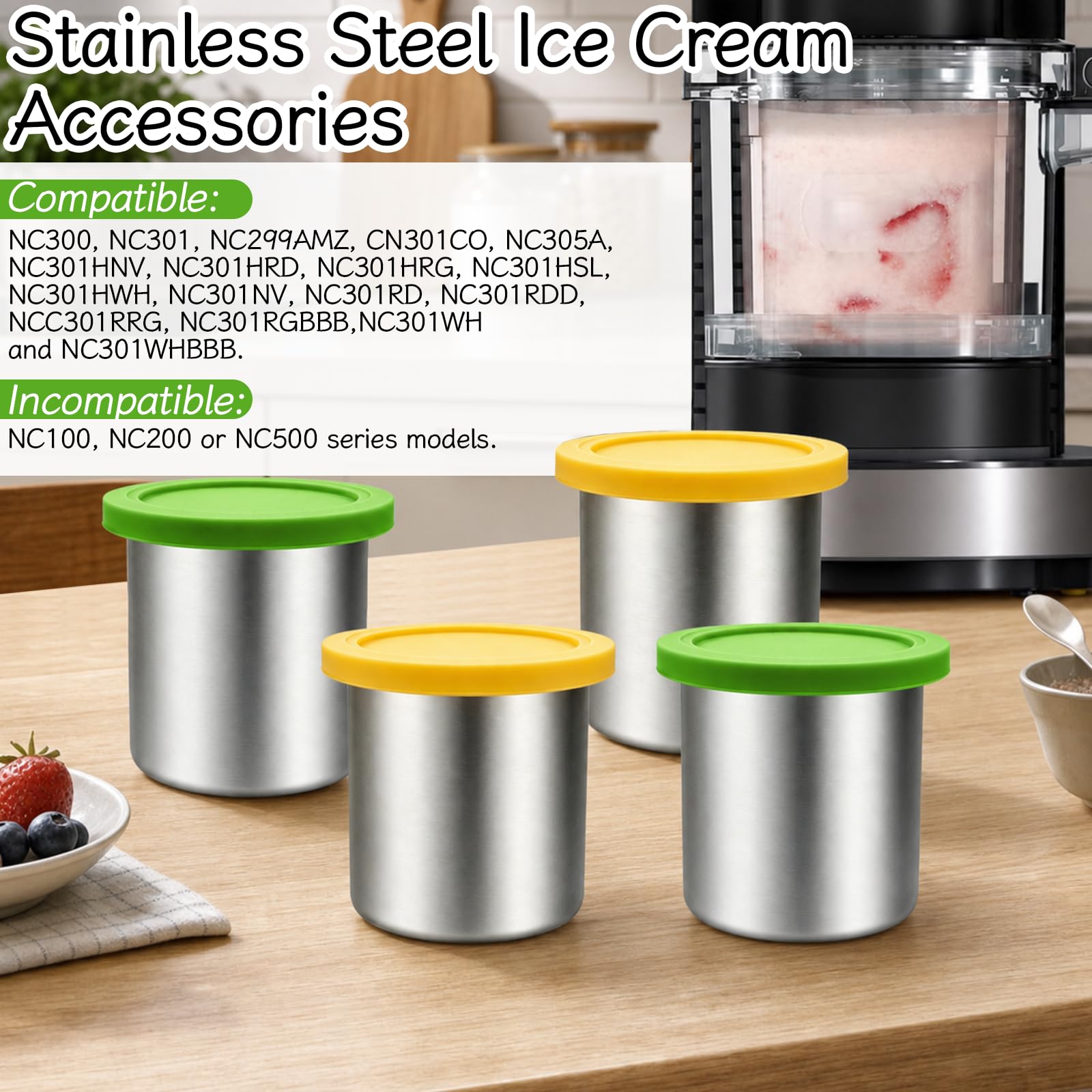 Lot de 4 Récipients en Acier Inoxydable de 473 ml Compatibles avec NC299AMZ, NC300, NC301, NC305A, Couvercle en Silicone, Boîte de Congélation Réutilisable pour Dessert et Conservation
