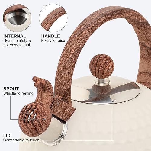 Miniatura 5 de Whistling - Tetera de acero inoxidable con mango anticalor de grano de madera, cubierta cilíndrica de acero inoxidable de grano de madera, 2.6