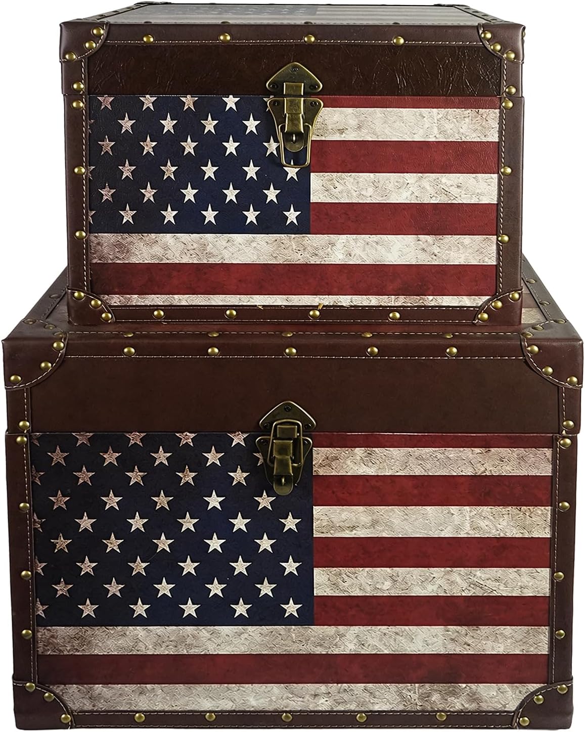 DreamsEden Large American Flag Storage Chests Set of 2, Nesting Wooden Trunk Box for Blankets, Patriotic Home Decor, Living Room Organization, 19.2’’L & 16.1’’L