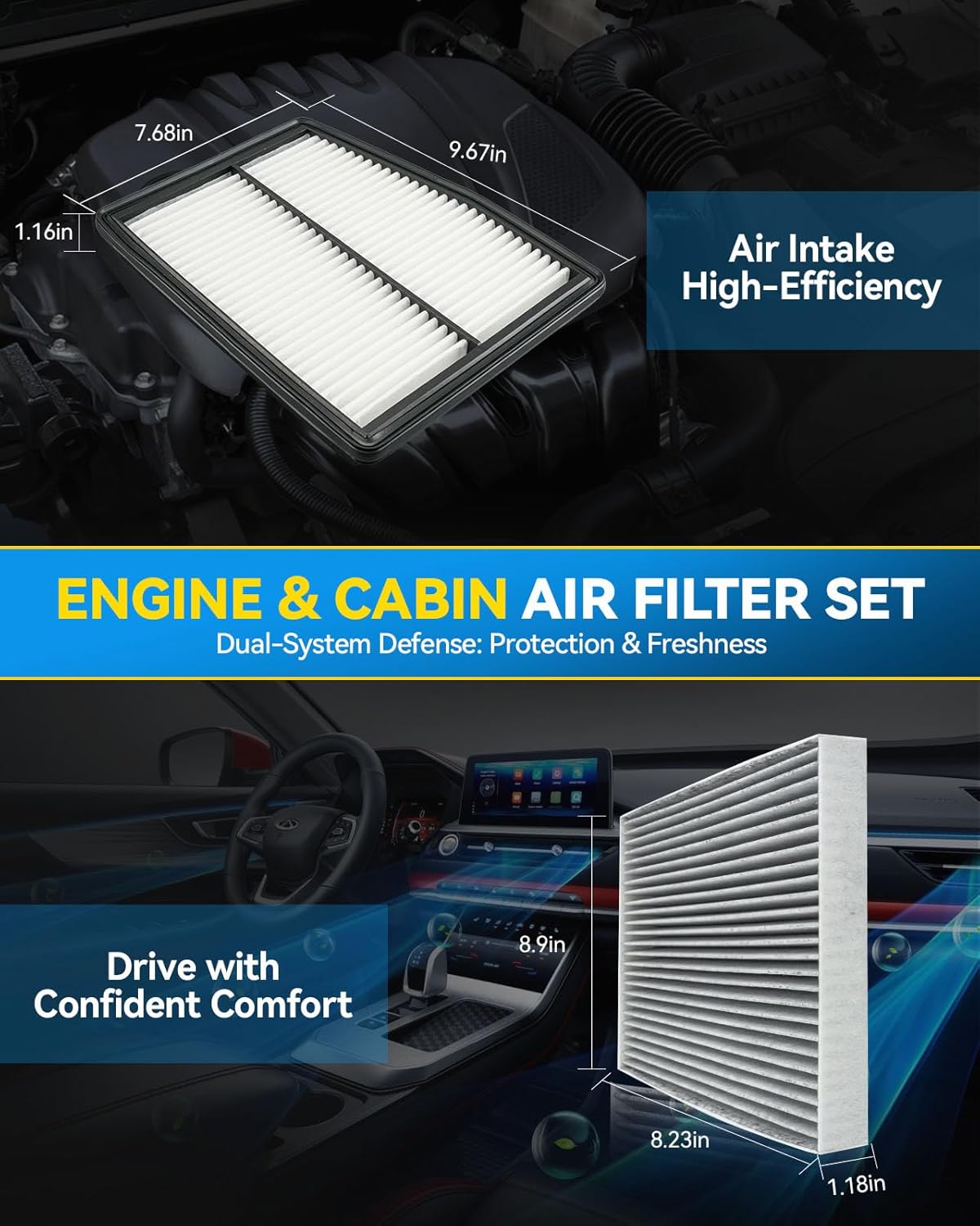 PHILTOP Engine & Cabin Air Filter Set, Compatible With Hyundai Tucson, Kia Sportage, Sorento, Hyundai Santa Fe, Sonata, Replace CA12817 CF12820 Car Accessories