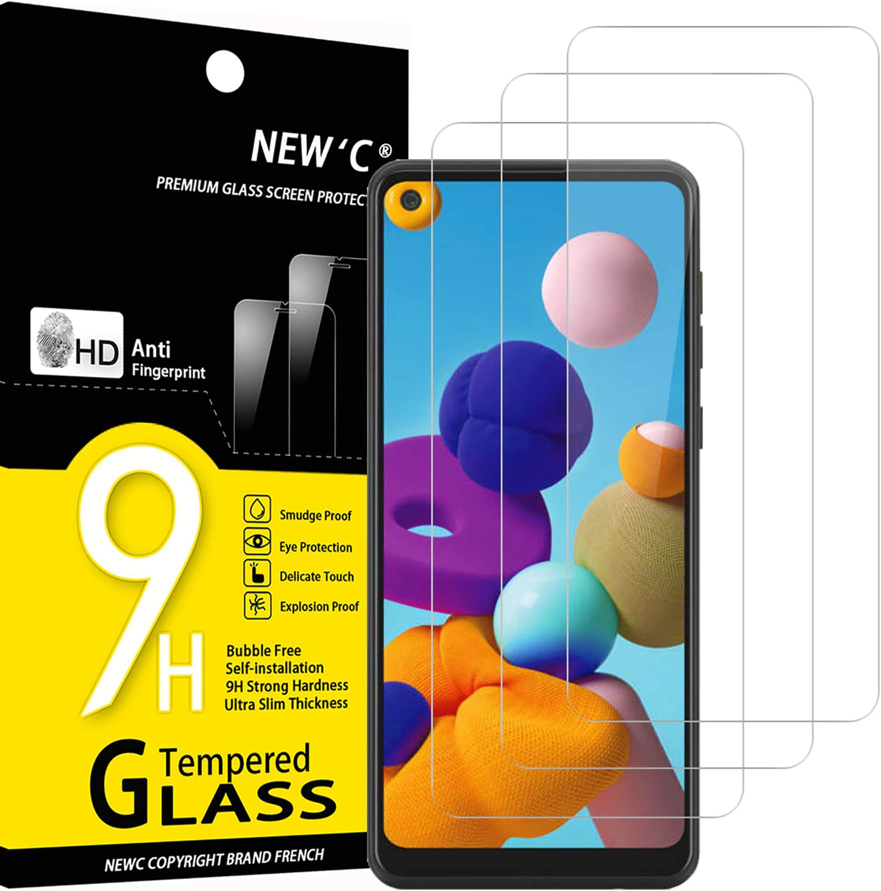 NEW'C 3 Pack Designed for Samsung Galaxy A21 Screen Protector Tempered Glass, Case Friendly Anti Scratch Bubble Free Ultra ResistantClimatePartner certified