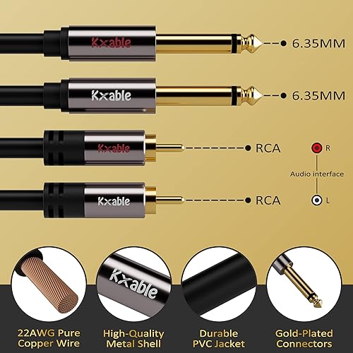 Miniatura 2 de Cable RCA a 14 de 15 pies, cable de interconexión de audio estéreo dual TS de 14 de pulgada a doble RCA, OFC de cobre sin oxígeno, 2 cables mono