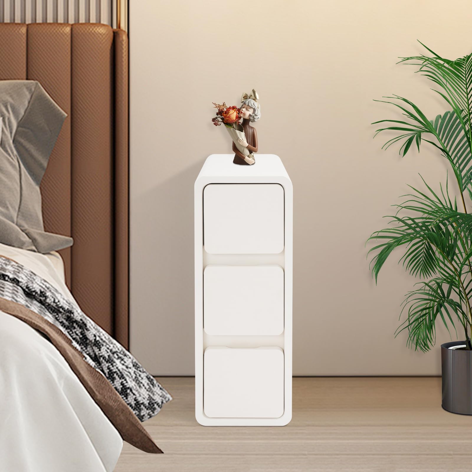 Narrow with 3 Drawer, Wooden Bedside Table Small Modern Side PU Surface for Bedroom Dorm Spaces