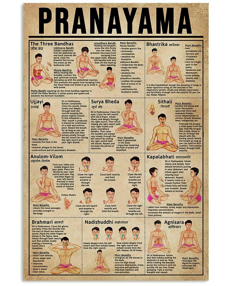 Tnnd Yoga Pranayama Poster Knowledge Wall Decor Print Gift For Yoga Lover Art Wall Decor Metal Sign Poster 8X12 Inches