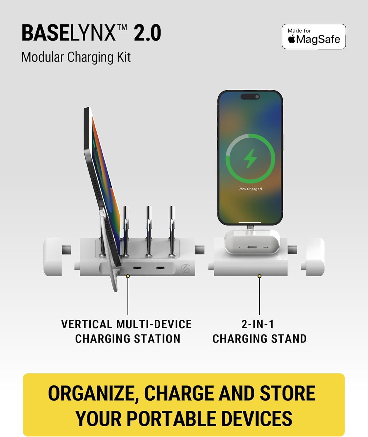 Scosche BaseLynx 2.0 Modular Charging Station with 15W MagSafe Wireless Charger Stand, 5W Charging Pad for AirPods Pro and 3 Port 60W USB-C Multi Device Fast Phone Charger Compatible with Apple iPhone