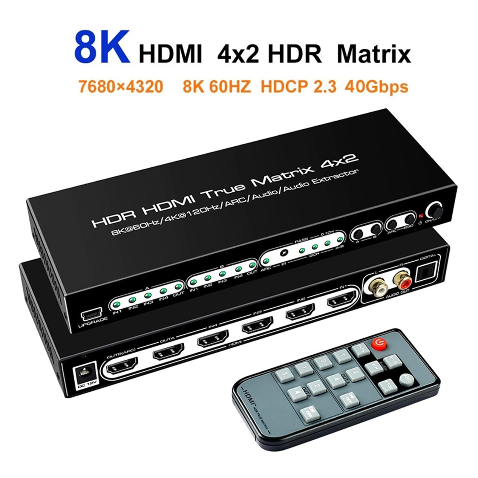 Konwerter Cyfrowy, Matryca przełącznika 8K 2.1, rozdzielacz wideo 4x2, ekstraktor 4K 120 Hz ARC Vision Atmos 7. 5. 2CH
