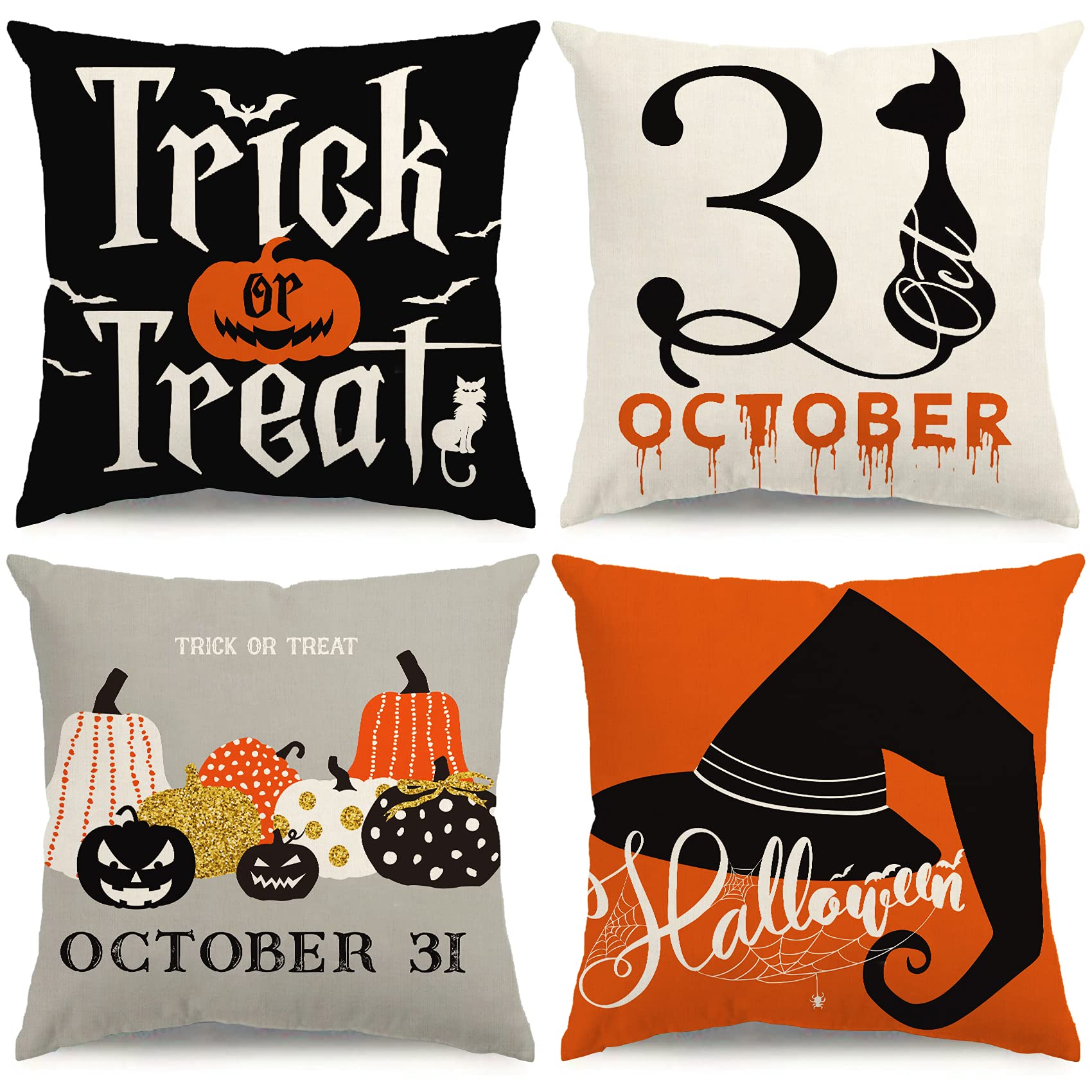 MODOVOS 4pcs 18×18 Inch Halloween Pillow Covers Halloween Decorations Pumpkin Throw Pillow Covers Holiday Rustic Linen Halloween Pillow Case for Sofa Couch Halloween Hat
