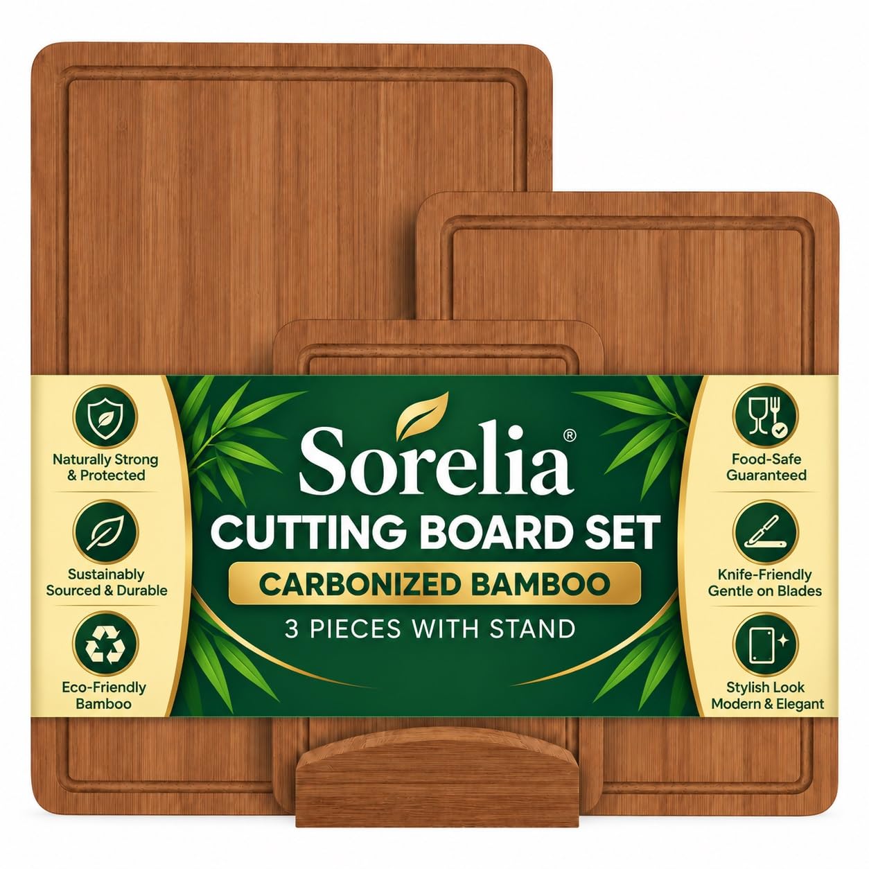 3-Piece Bamboo Cutting Boards - Large Wood Cutting Boards for Kitchen | Dark Brown Bamboo Reversible Non Toxic Wooden Cutting Board Set with Display Stand, Deep Juice Grooves and Side Grips