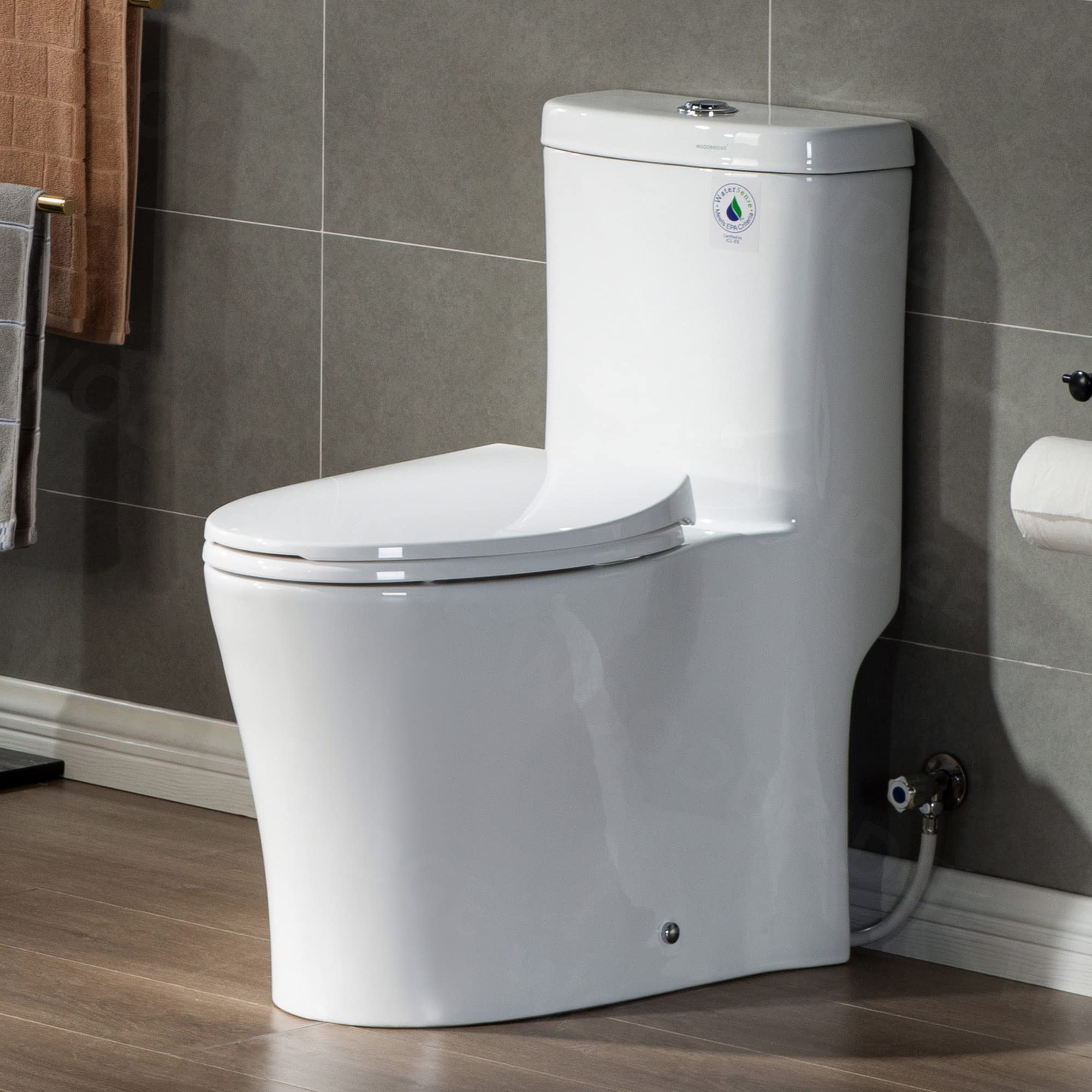 WOODBRIDGE Dual Flush Elongated One Piece Toilet with Soft Closing Seat, Chrome Button B0933, White