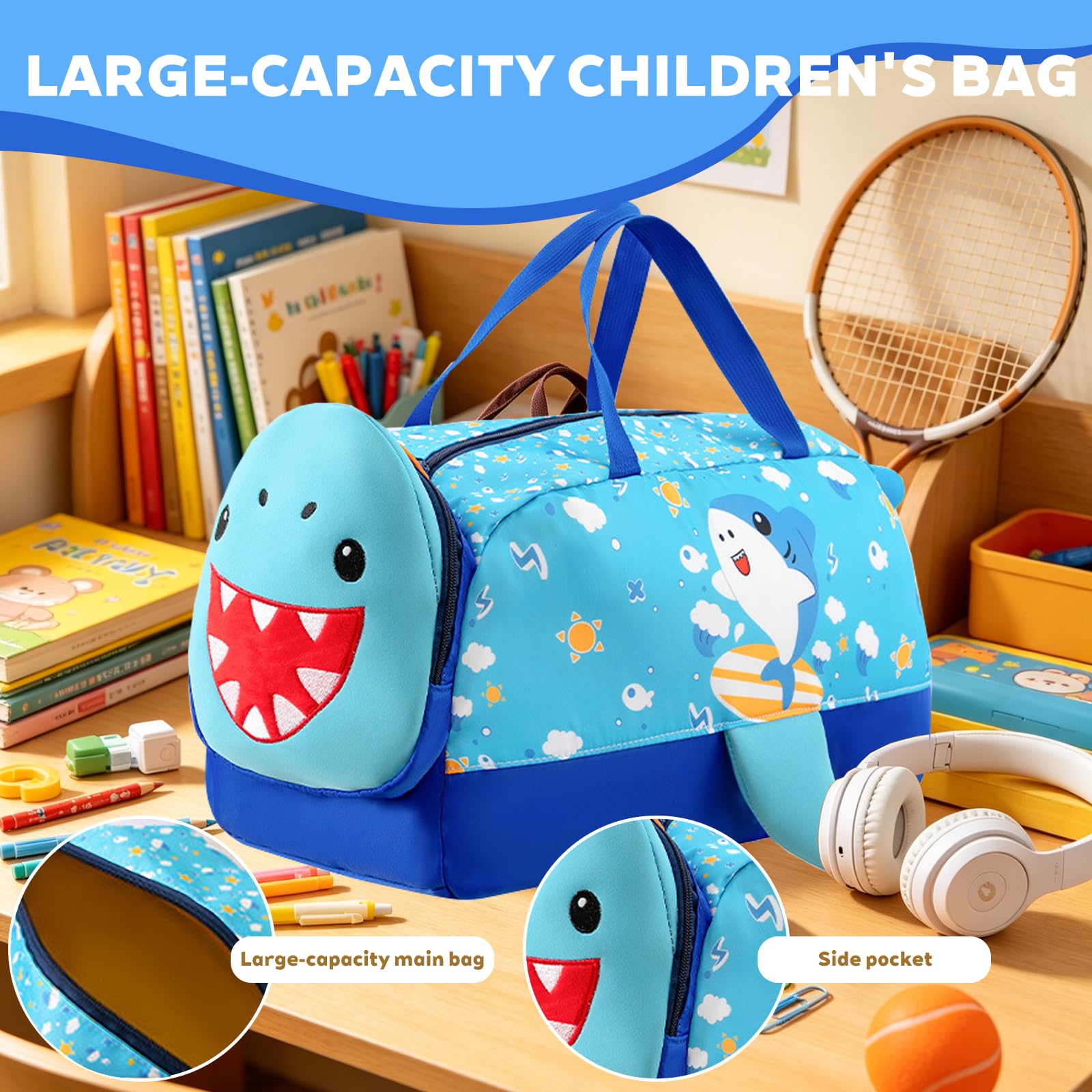 Children's Sports Bag, 21L Waterproof Travel Bag, Lightweight Durable Travel Bag, Children's Weekend Bag for Fitness, Dance, Swimming, Travelling, Shark - 4
