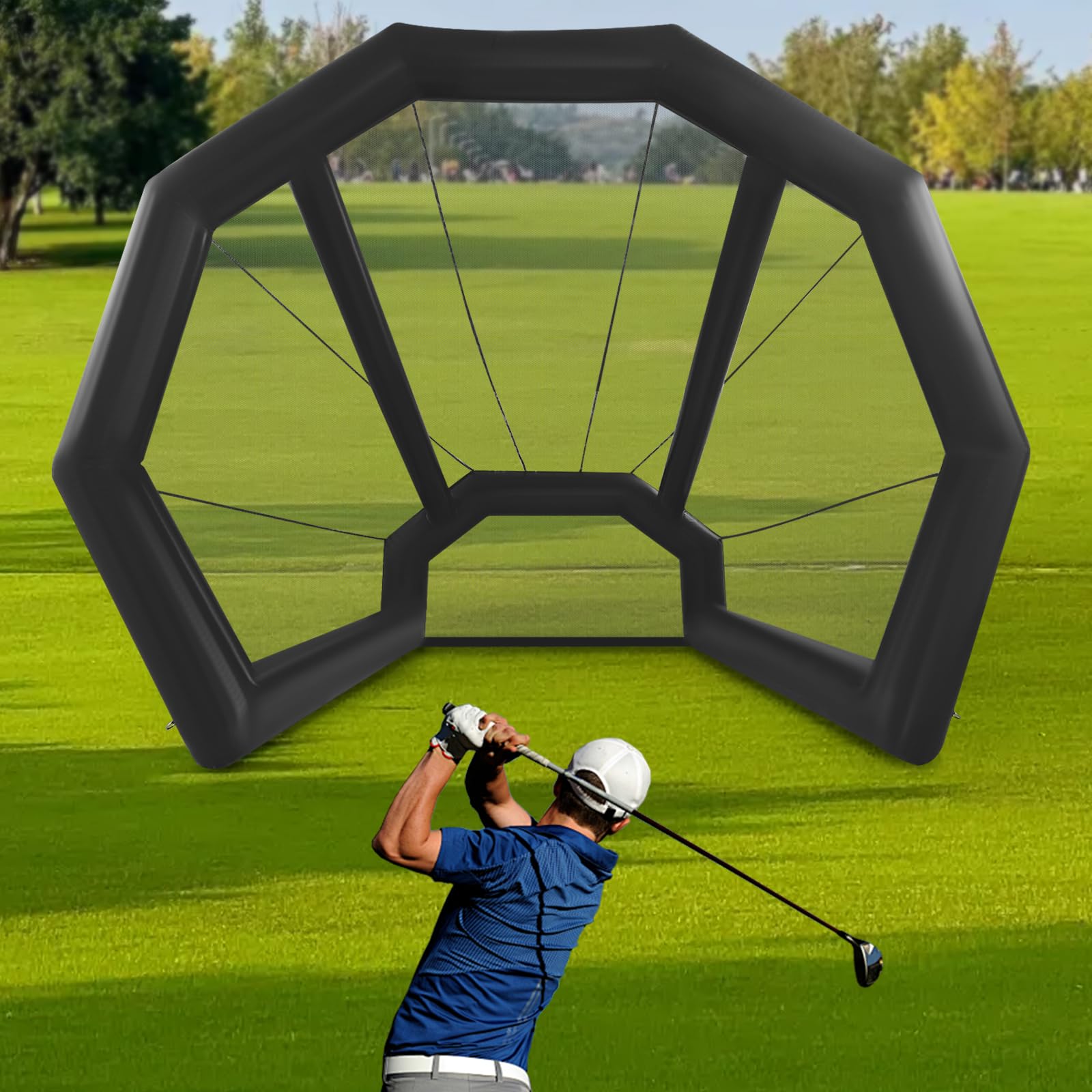 Inflatable Golf Practice Net Cage AIR Tight Indoor Outdoor Golf Practice Swing Simulator Net Cage with 800W Blower for Backyards, Parks, Garages, Hotels, Gardens, Driving Ranges, Clubhouses