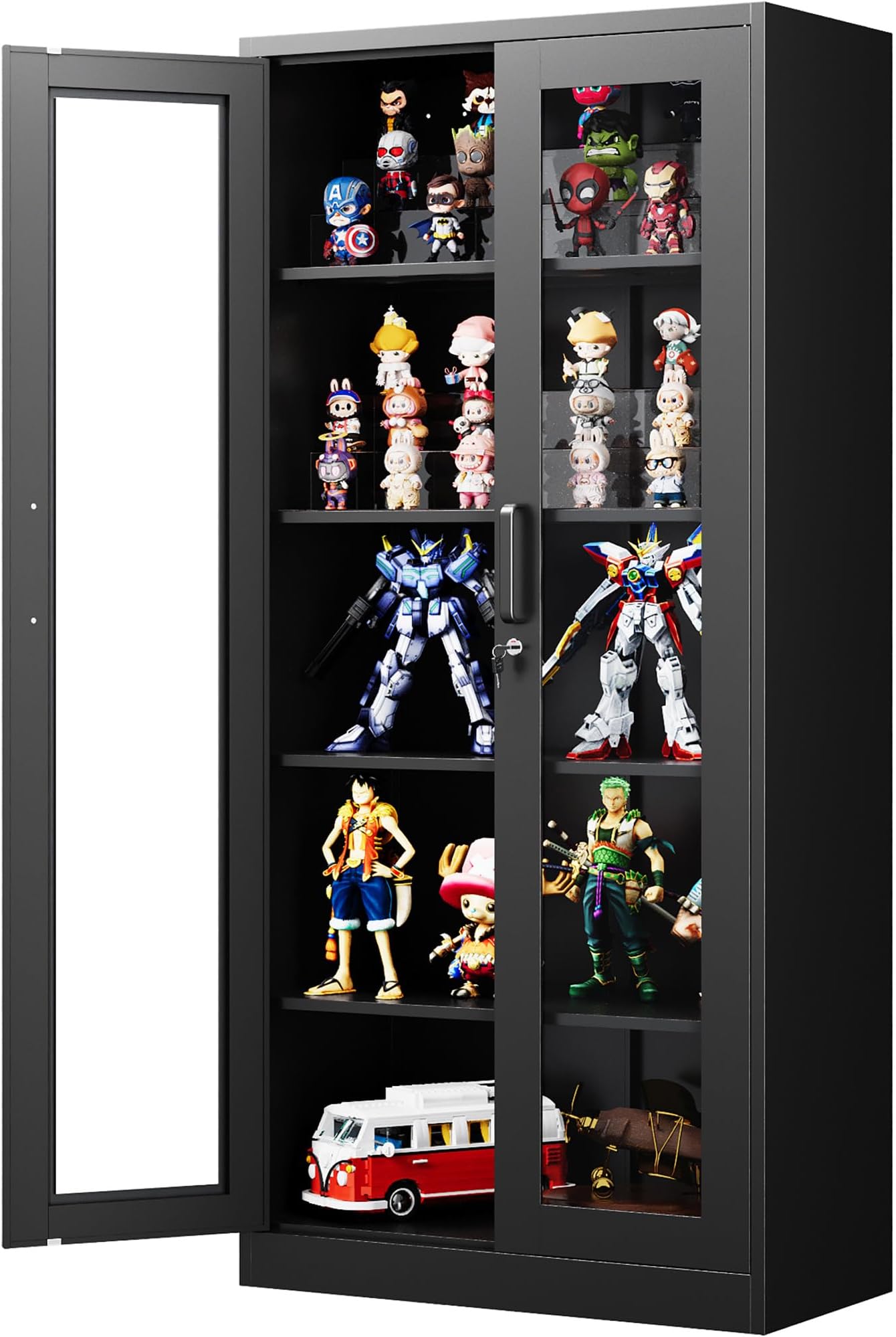 71 Inches Display Cabinet with Glass Doors, Curio Cabinets with 4 Adjustable Shelves, Locking Glass Cabinet Display Case for Home, Office, Clinic, Pantry (Black)