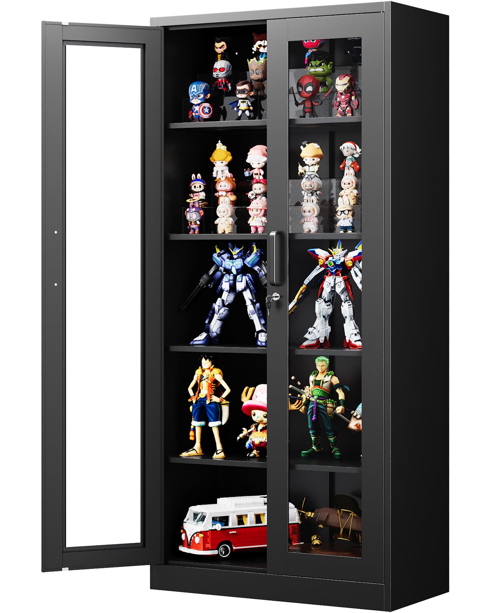 71 Inches Display Cabinet with Glass Doors, Curio Cabinets with 4 Adjustable Shelves, Locking Glass Cabinet Display Case for Home, Office, Clinic, Pantry (Black)