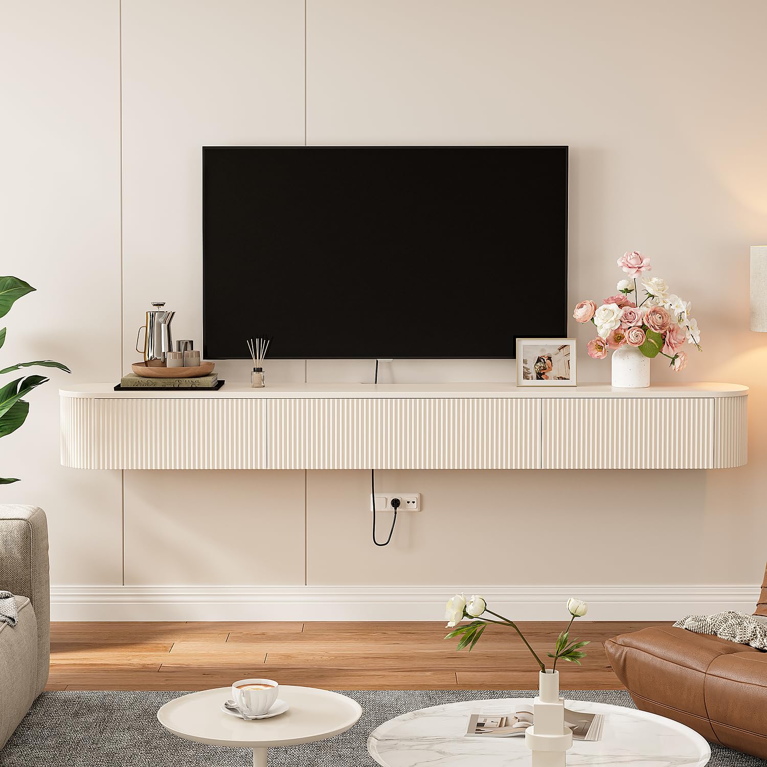 Photo 1 of FloatiCasa Floating TV Stand with Drawers 94'',Wall Mount TV Stand,Floating Entertainment Center Shelf for Bedroom Living Room Under TV,Fully Assembled,Off-White
