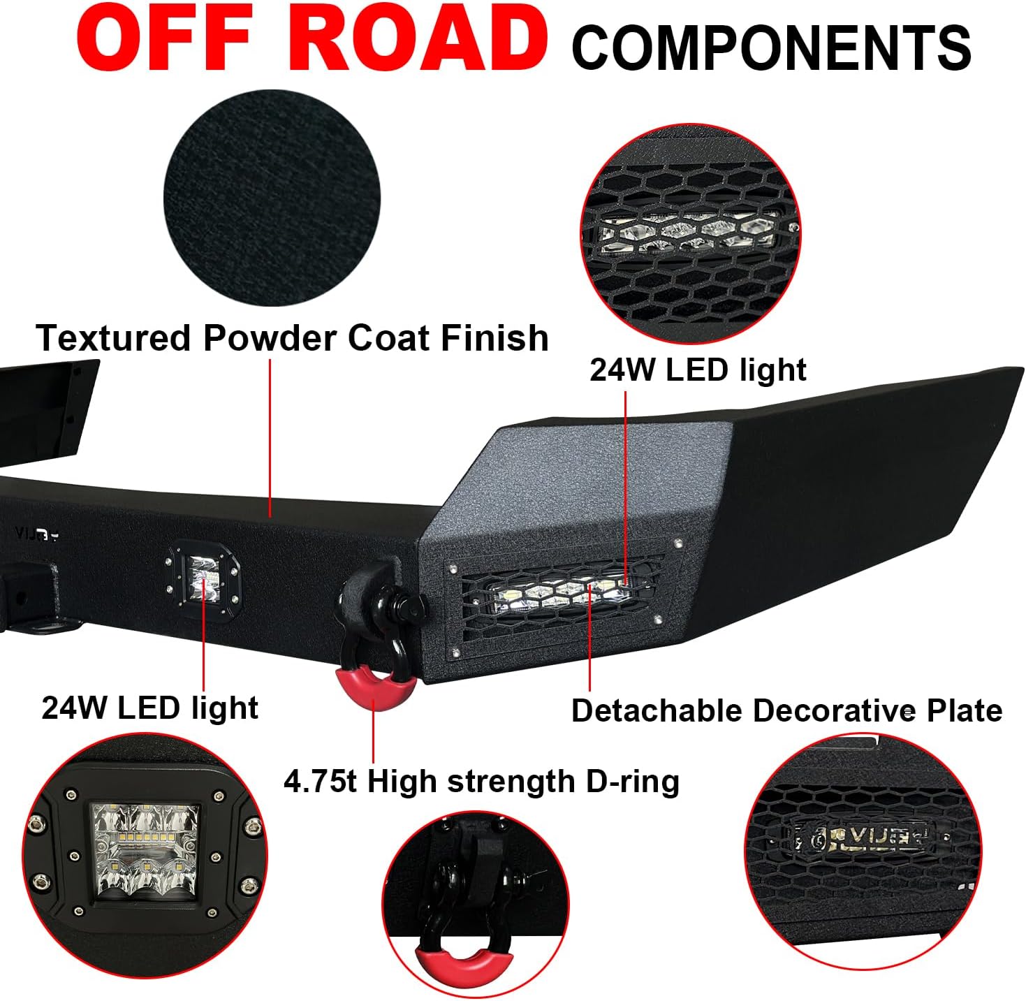 Front and Rear Bumper Texture Black w/Winch Plate & 9 LED Lights & D Ring Compatible with 1999-2004 Jeep Grand Cherokee WJ