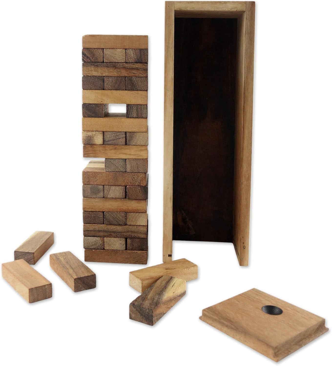 NOVICA Brown Hand Made Rain Tree Wood Tower Box, 'Fun' Stacking Game