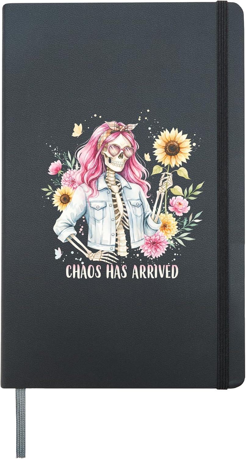 Skeleton Chaos Pink Hair Floral Sunflower Funny Women Gifts Hardcover Journal, Black
