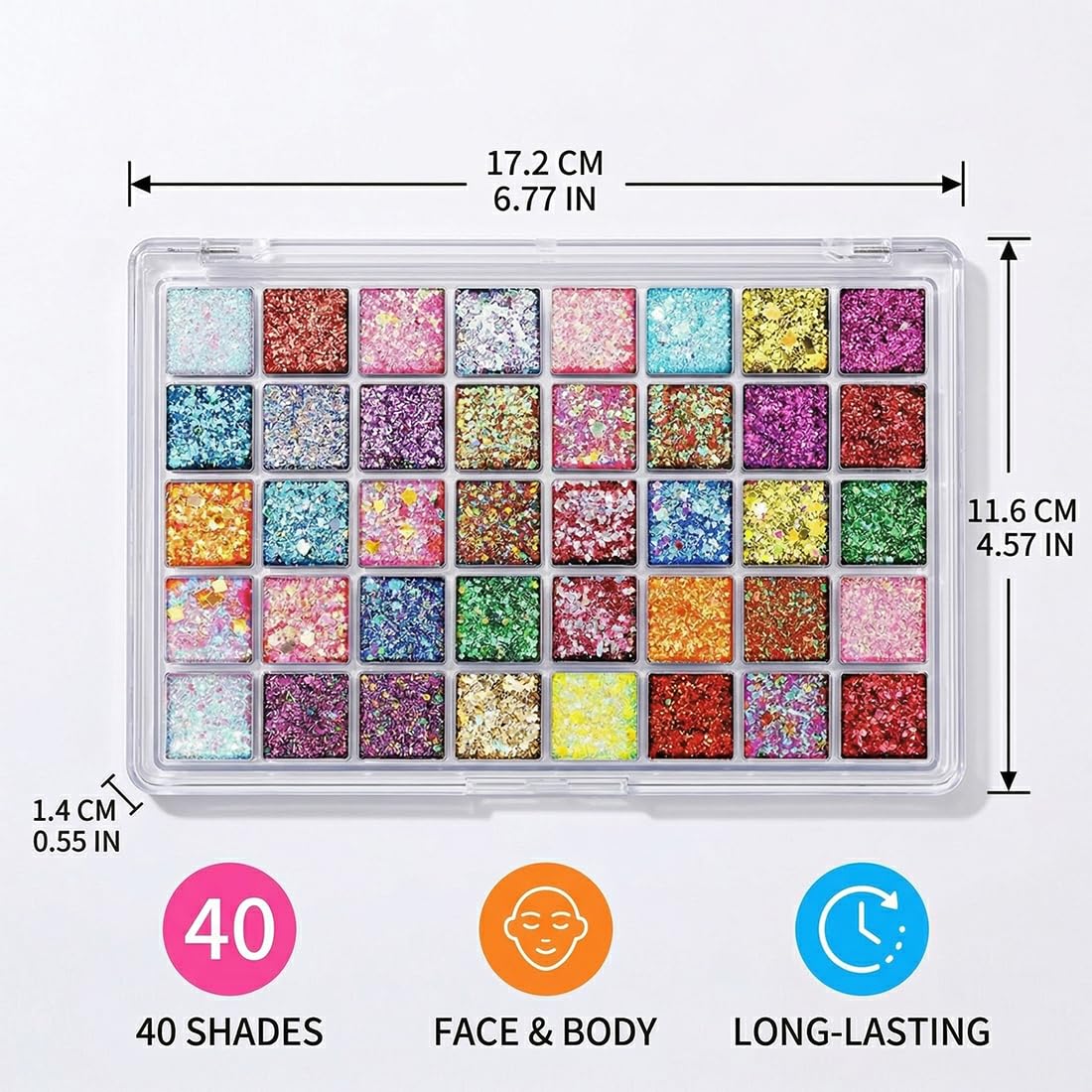 Palette Ombretti Glitter 40 Colori, Altamente Pigmentata per Viso & Corpo. Effetto Gel Lunga Durata per Trucchi Carnevale, Festa, Adulti & Bambini.