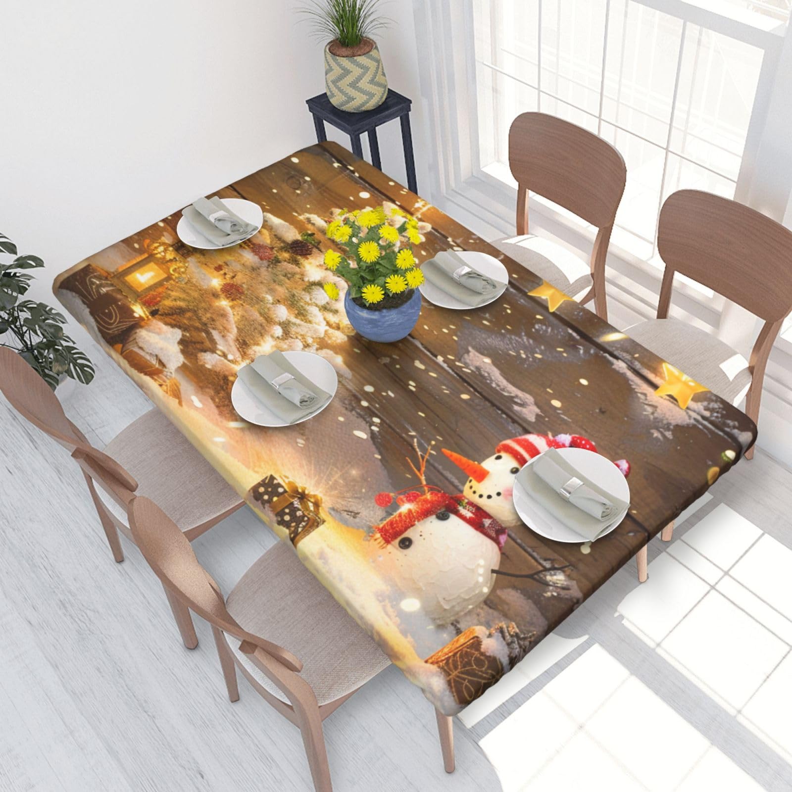 DCARSETCV Christmas and Snowman Printed 4FT Waterproof Tablecloth with Elastic Edged Protect & Decor Your Table, Oil-proof Washable Table Cloth Cover for Dinner Picnic Party