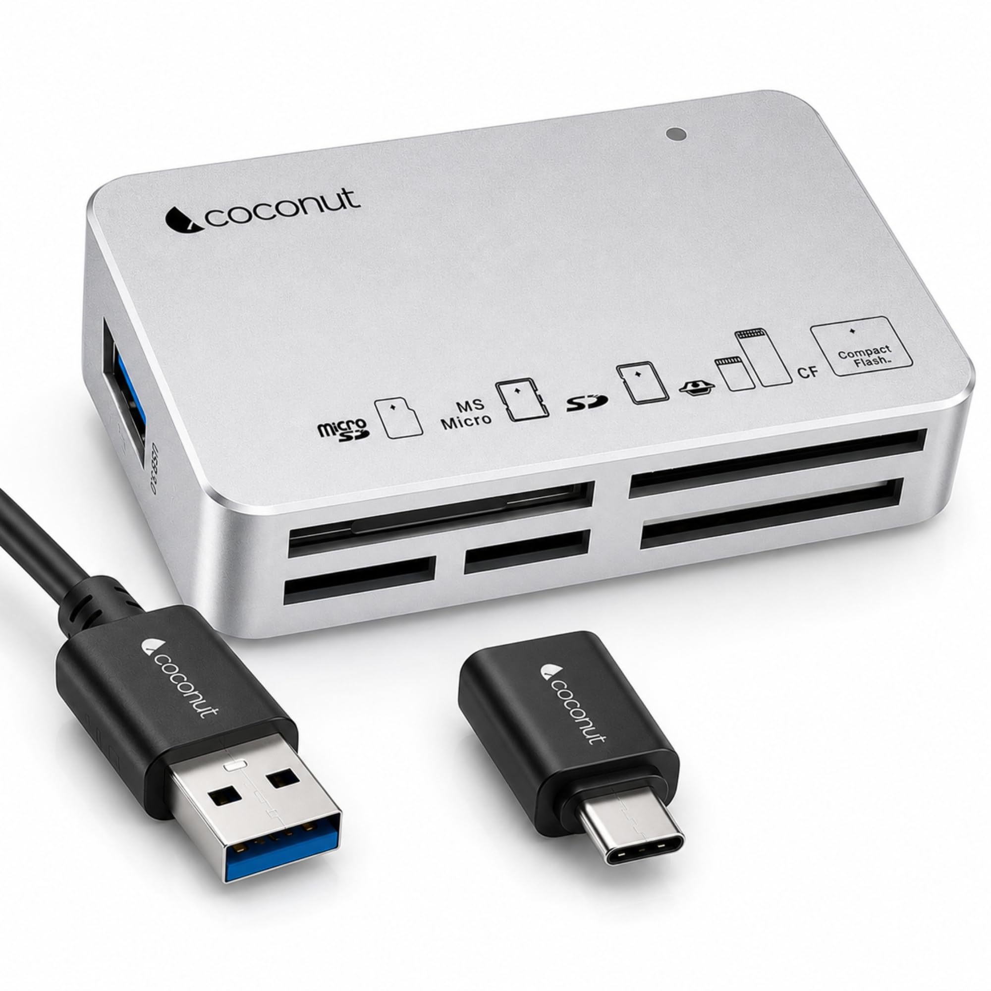 Coconut CR11 USB 3.0 Card Reader with Type C 3.1 OTG, 6 in 1 Memory Card Adapter Compact Flash CF, TF, SD, MicroSD, SDHC, SDXC, MS Upto 10 Gbps Speed for Windows & Mac, PC Laptop Mobile - Silver