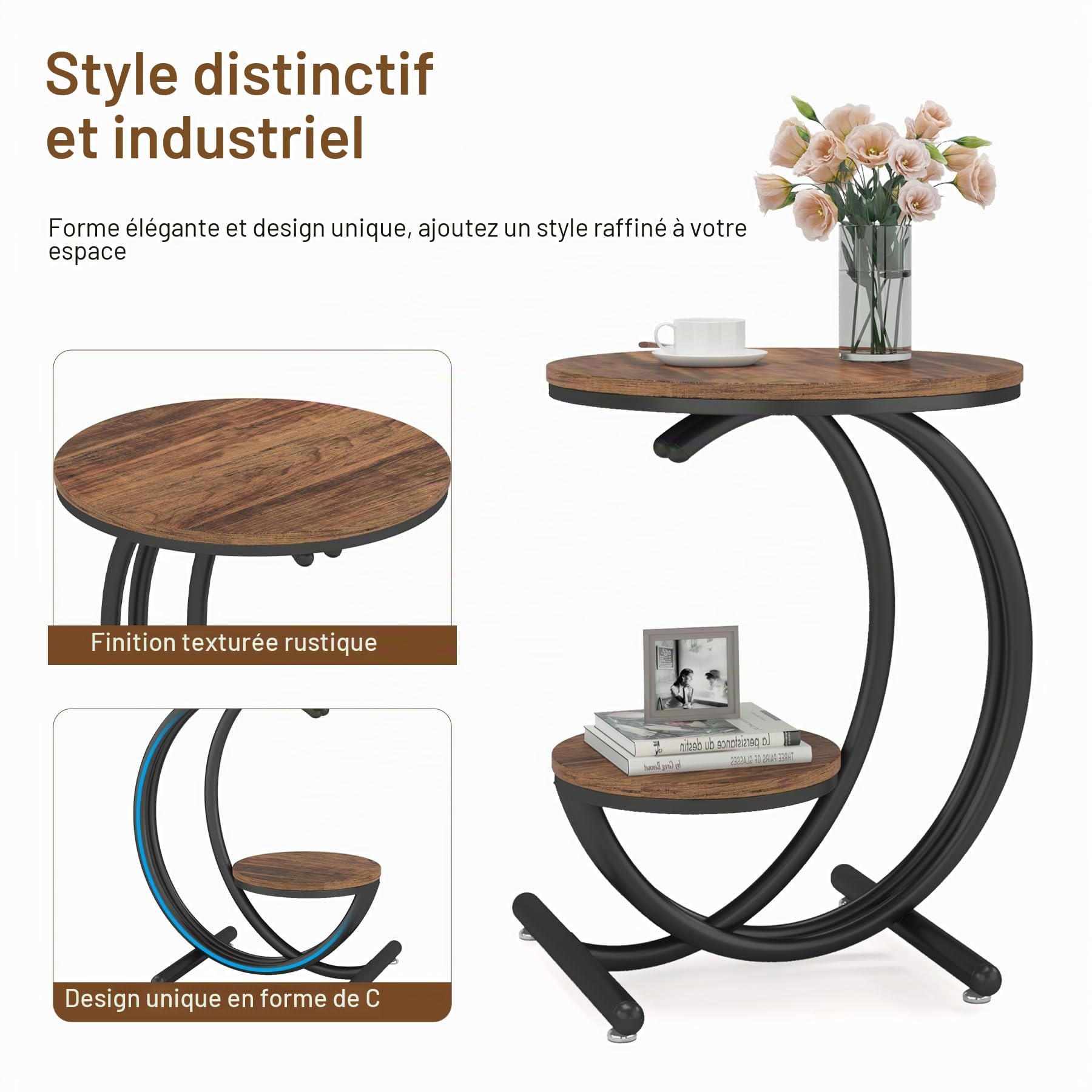 Tribesigns Table d'appoint Ronde Industrielle à 2 Niveaux avec étagères de Rangement, Petite Table d'appoint Rustique pour Salon, Chambre à Coucher (1, Marron/Noir)