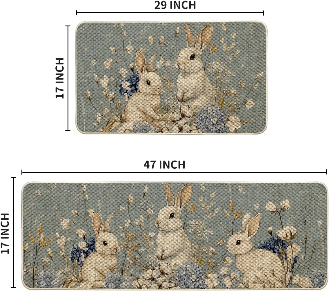 Artoid Mode Rabbit Flowers Bunny Easter Kitchen Mats Set of 2, Spring Home Decor Low-Profile Kitchen Rugs for Floor - 17x29 and 17x47 Inch