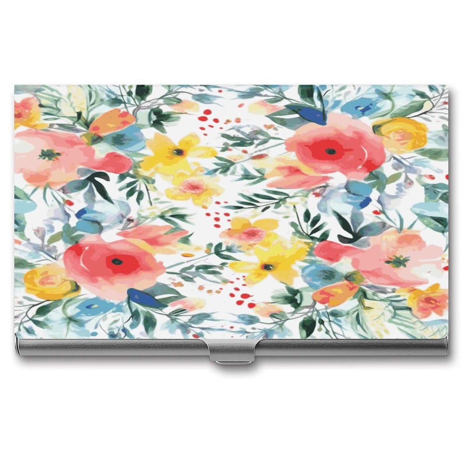 JTREHY Bright Floral Watercolor Business Card Holder Slim Purse Name Card Holder Portable Metal Business Card Case Wallet Large Capacity Lightweight Business Card Case for Men Women