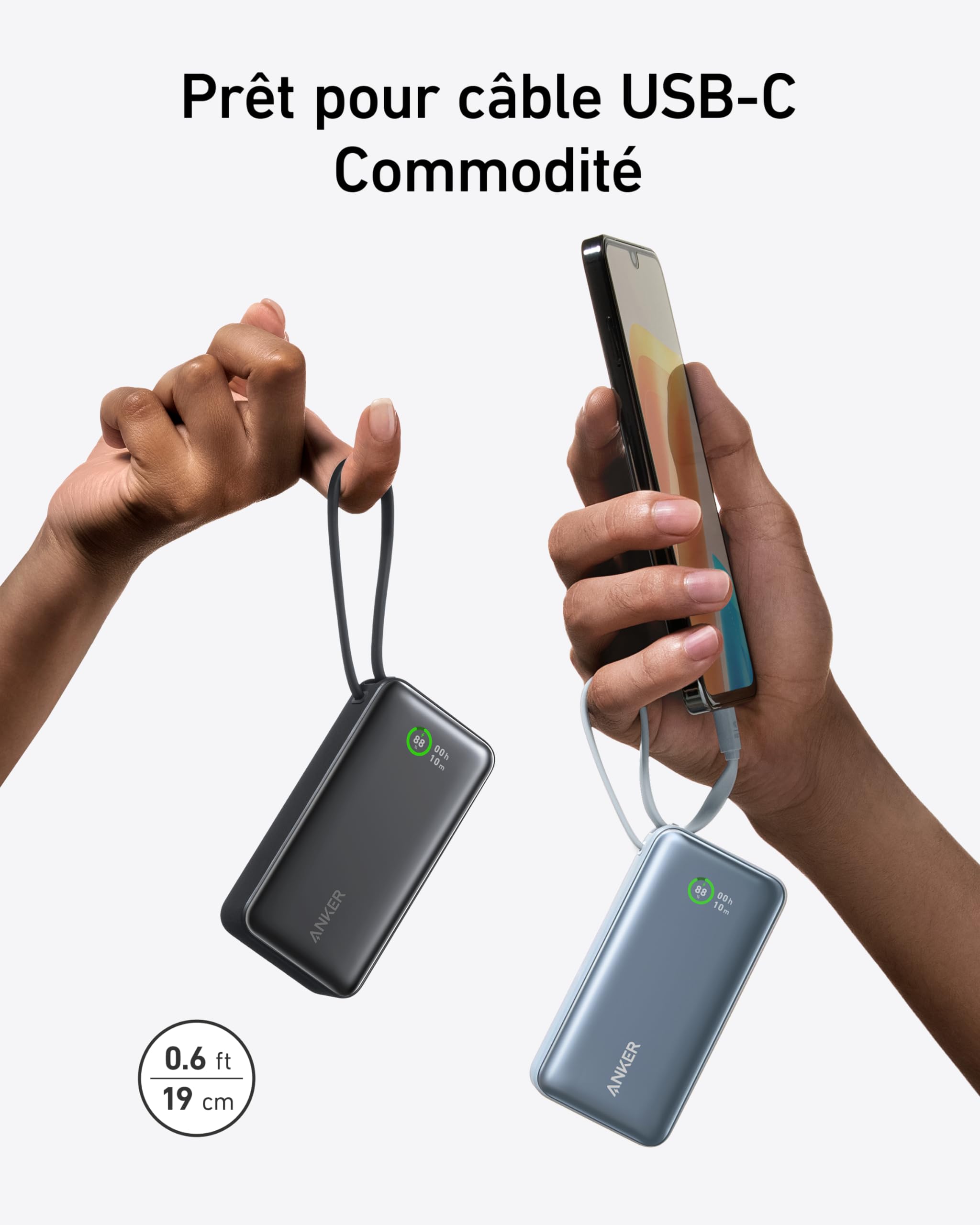 Anker Nano Batterie Externe 10000 mAh avec câble USB-C intégré, Puissance maximale PD 30 W avec 1 Port USB-C & A, Compatible avec iPhone 17 Pro Max16//15/14/13, MacBook, Galaxy, iPad, AirPods
