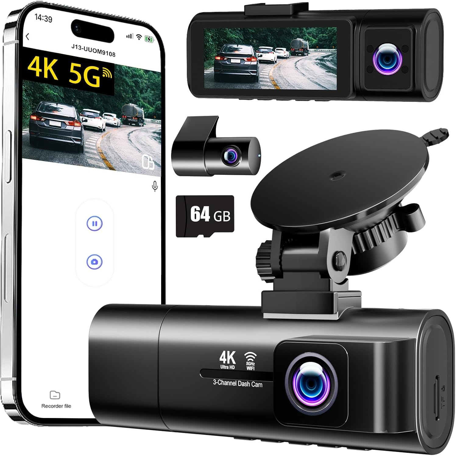 3-Kanal Dashcam Auto 4K+1080P+1080P Vorne Innen Hinten, 3,16" IPS Bildschirm, 5G WLAN mit 64GB SD-Karte, Nachtsicht, G-Sensor, Loop-Aufnahme, 170°-Weitwinkel, 24H Parküberwachung