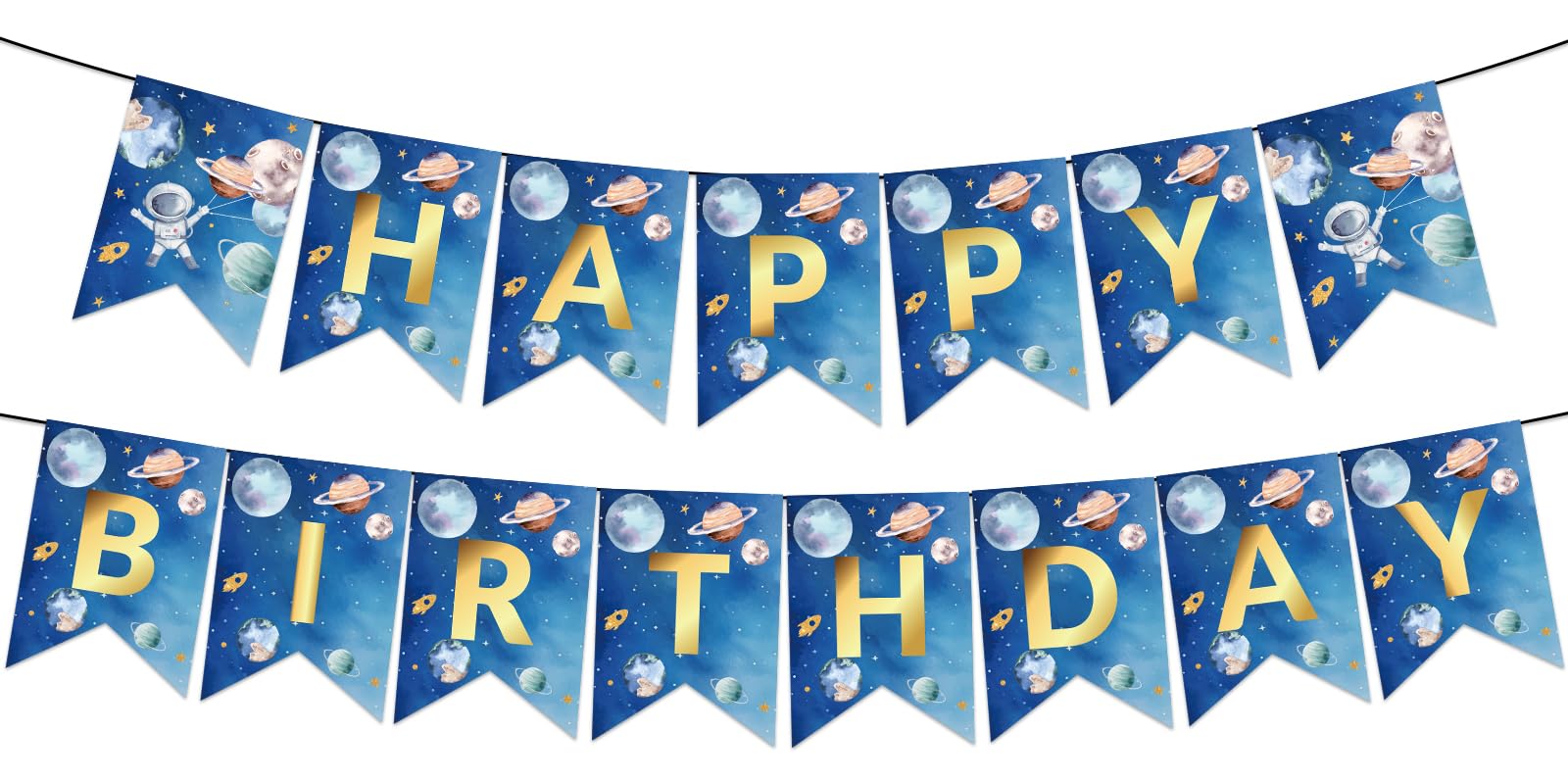 JarThenaAMCS 2Pcs Happy Birthday Banner Blue Outer Space Paper Banner Planets Birthday Garland for Home Office Hanging Decoration