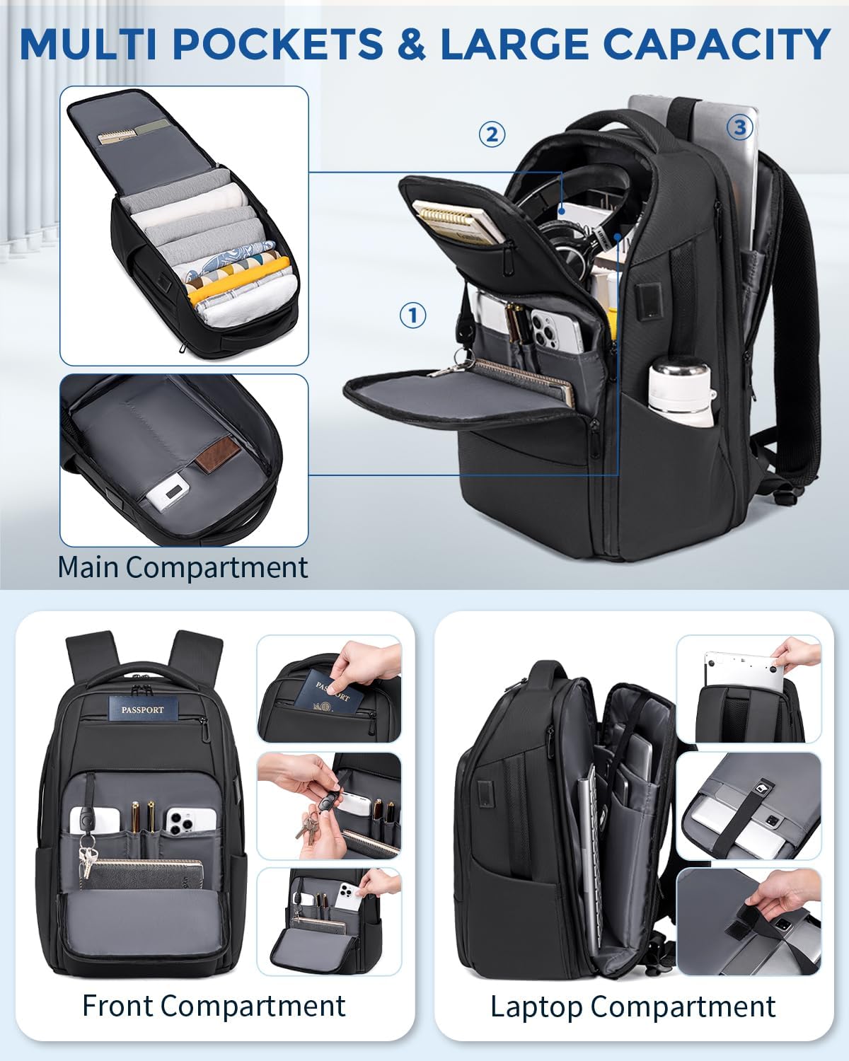 17 Inch Travel Laptop Backpack, Water Resistant Expandable Men's Computer Backpack for Men, Black Laptop Bag with USB Port for Business/Work/College - Image 4