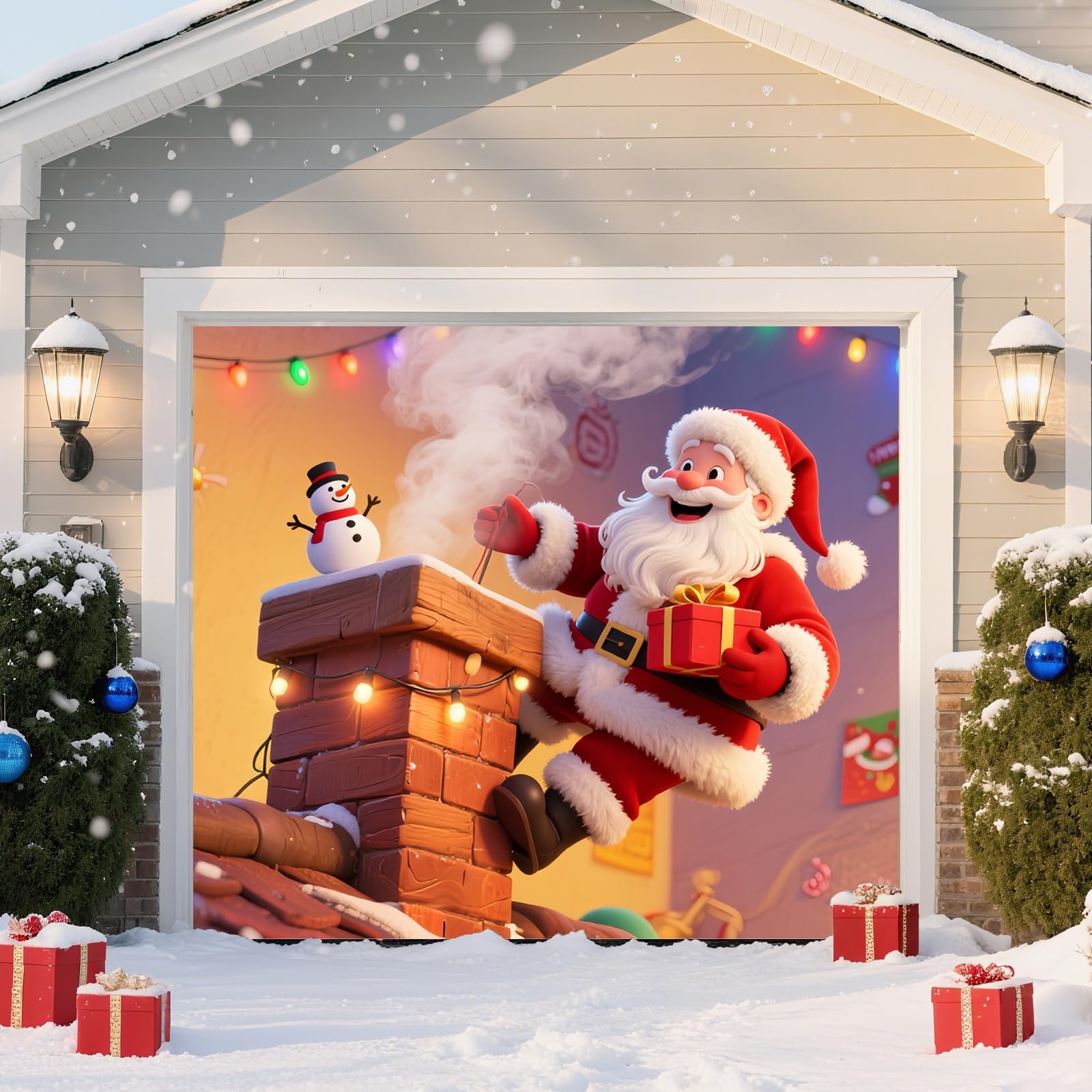 GUASDIE Christmas Garage Door Banner Large Garage Cover Santa Claus Backdrop Winter Xmas Garage Backdrops Door Mural for Christmas Outdoor Decoration,6.5 x 5 ft