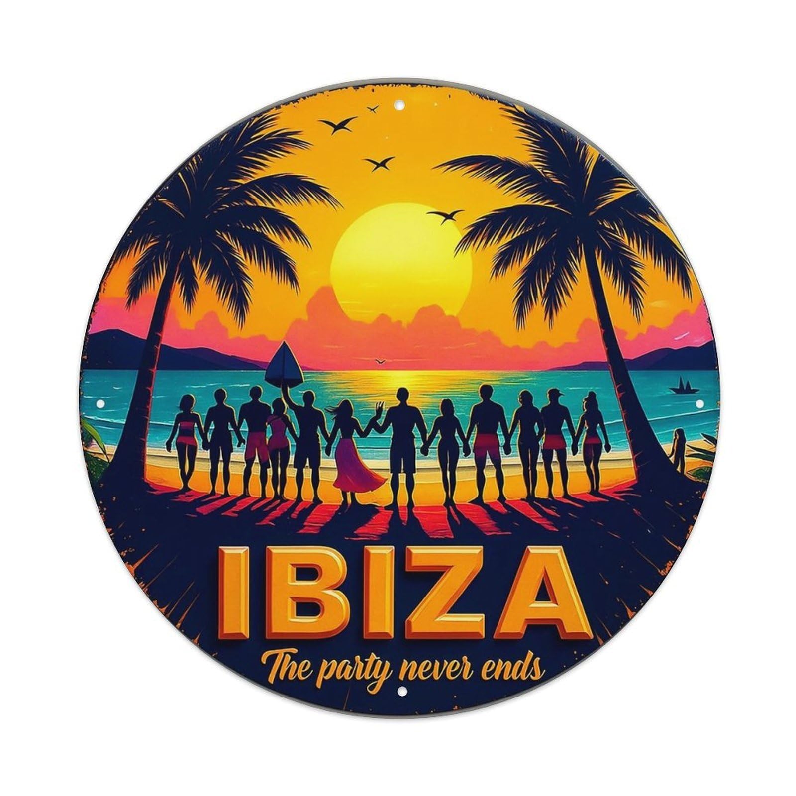 Ibiza Sunset Party Beach Scene Vintage Metal Tin Sign Retro Wall Decor for Home Bar Garage Cafe, Indoor & Outdoor Decorative，circle Metal Poster, 8x8 Inch