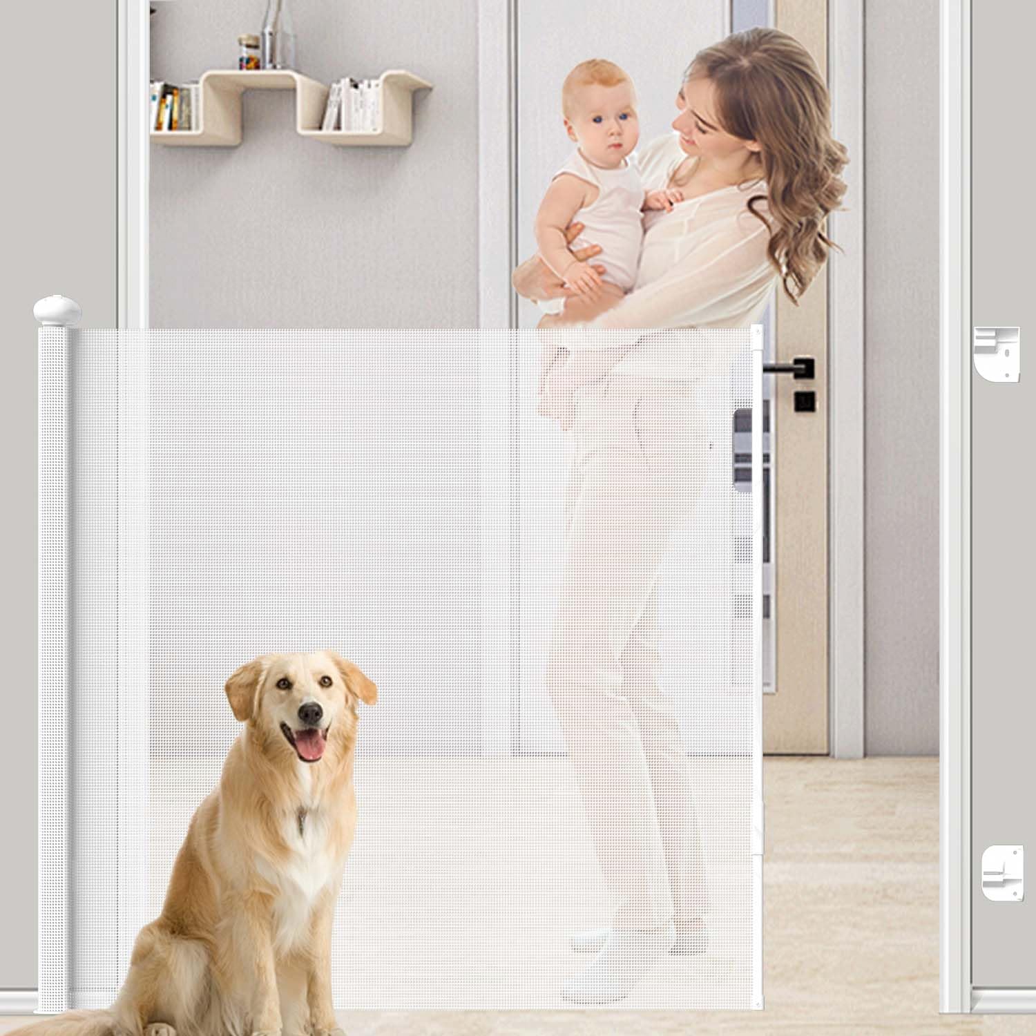 41" Extra Tall Retractable Dog Gate Extends to 118" Wide Retractable Baby Gate for The House, Long Mesh Child Gate Large Openings, Extra Tall Pet Dog Gate for Stairs, Doorways, Indoor Outdoor, White