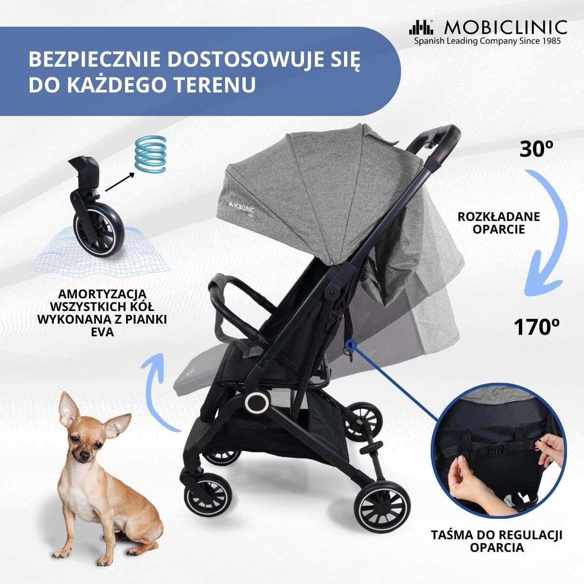 Mobiclinic® kids, Wózek spacerowy, Ultrakompaktowy, Trip, 5-punktowe pasy bezpieczeństwa, Pałąk do przenoszenia, Koszyk, 0-36 miesięcy, Pełna regulacja, Pojedyncza rączka, Składana maska