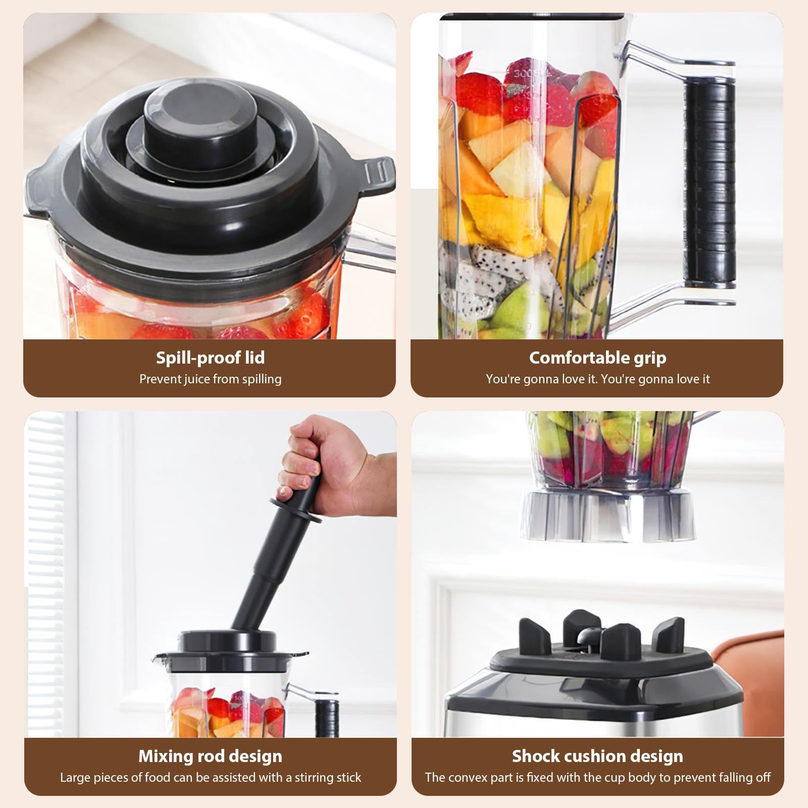 Frullatore professionale 3 in 1, frullatore per succhi e frullati con 15 velocità regolabili e funzione timer, 3 brocche e lame in acciaio inossidabile