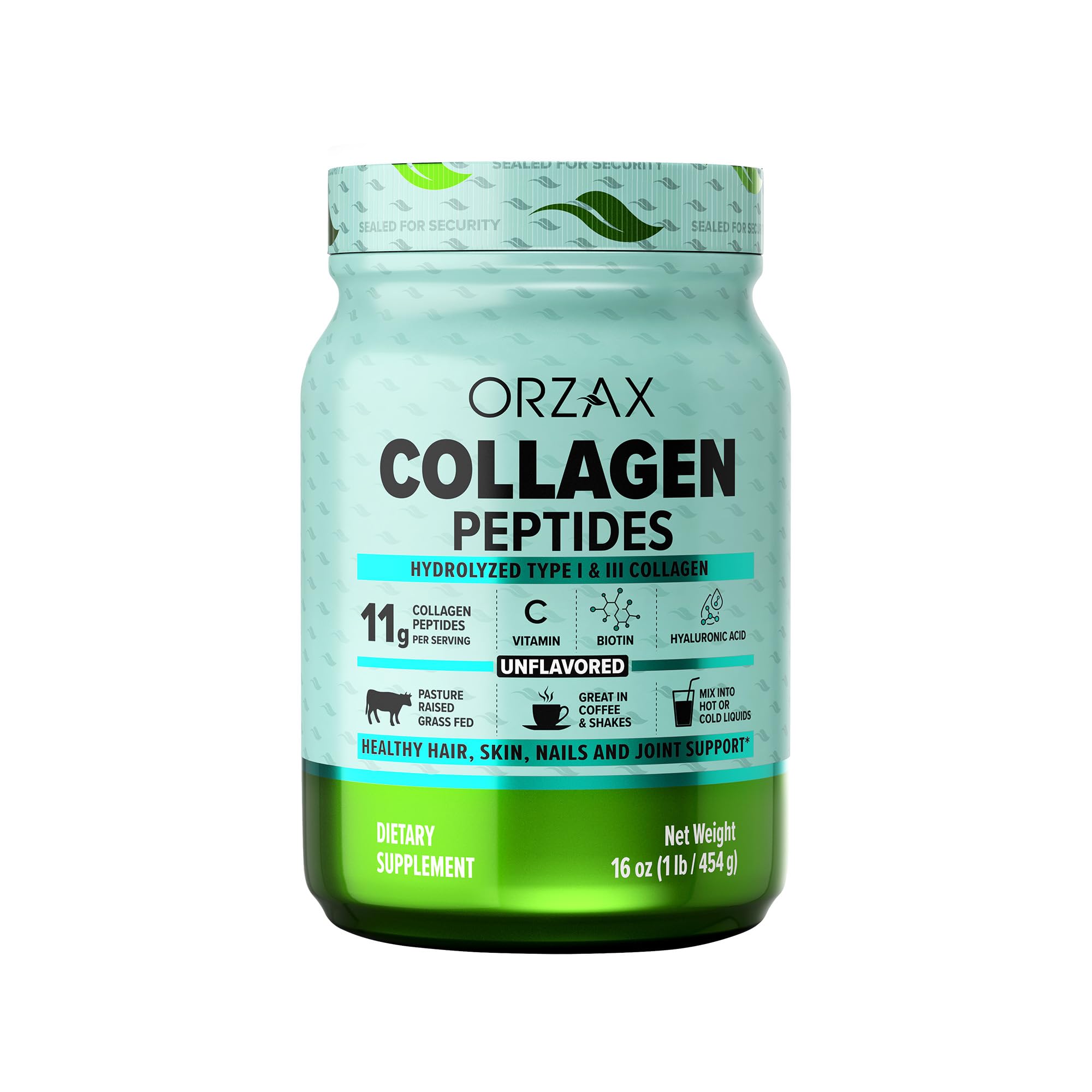 ORZAX Collagen Peptides Powder - 11 g Collagen Type I & III, Biotin & Hyaluronic Acid, 16 oz (Unflavored)