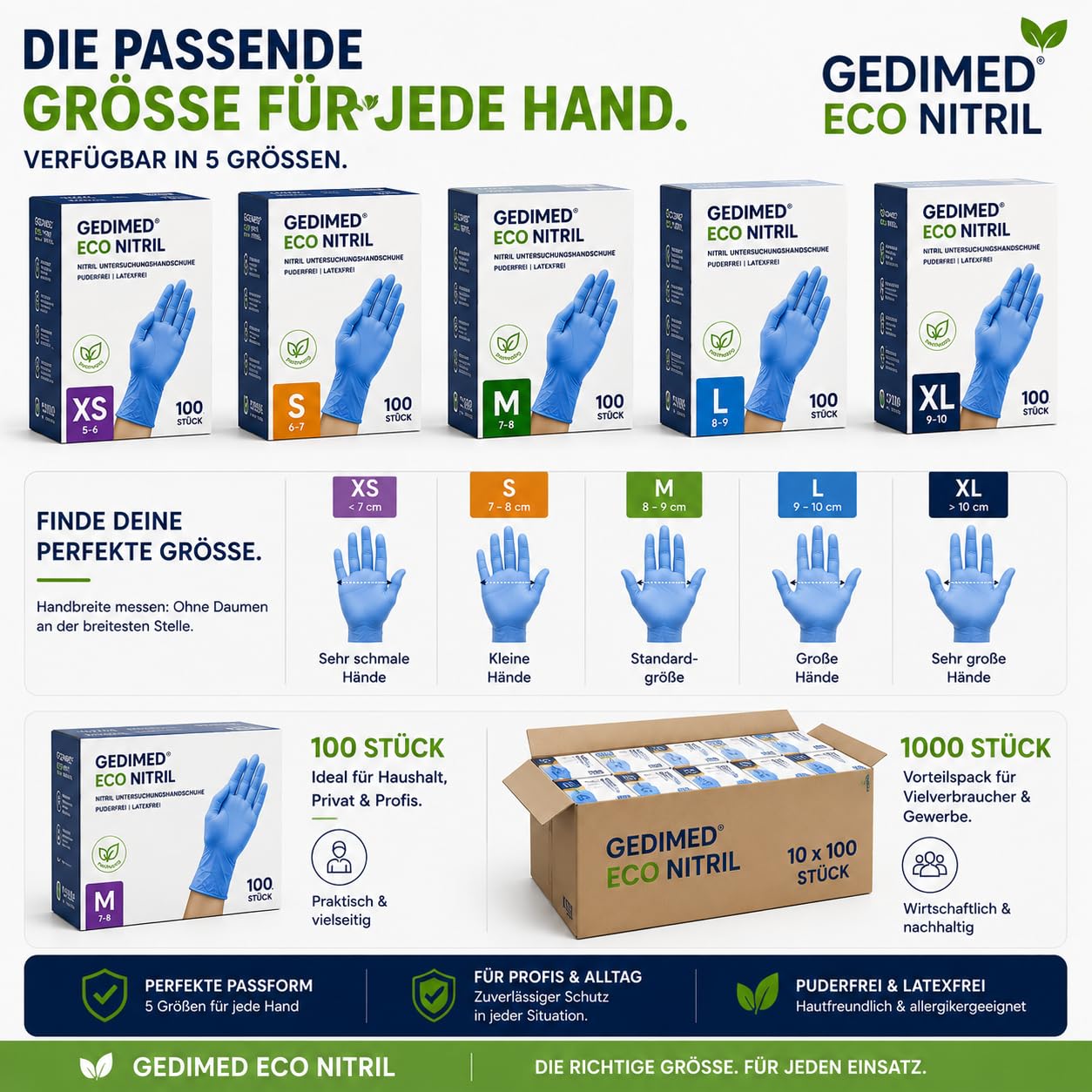 GEDIMED ECO Nitrilhandschuhe Blau 100 Stück – Biologisch abbaubare Nitrilhandschuhe, puderfrei & latexfrei, reißfest, Einweghandschuhe für Hygiene, Gastronomie, Kosmetik & Reinigung (1000, S)