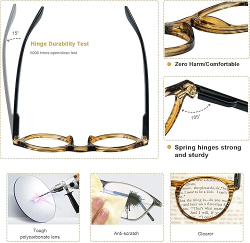 Miniatura 6 de AMILLET Paquete de 3 lentes de lectura redondos retro para hombres y mujeres, bisagras de resorte, lectores de calidad ligera