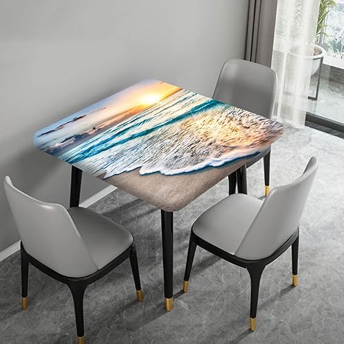 Miniatura 4 de Mantel ajustable cuadrado de verano con diseño de olas del océano, cubierta de mesa con borde elástico, resistente a las arrugas, para banquetes y